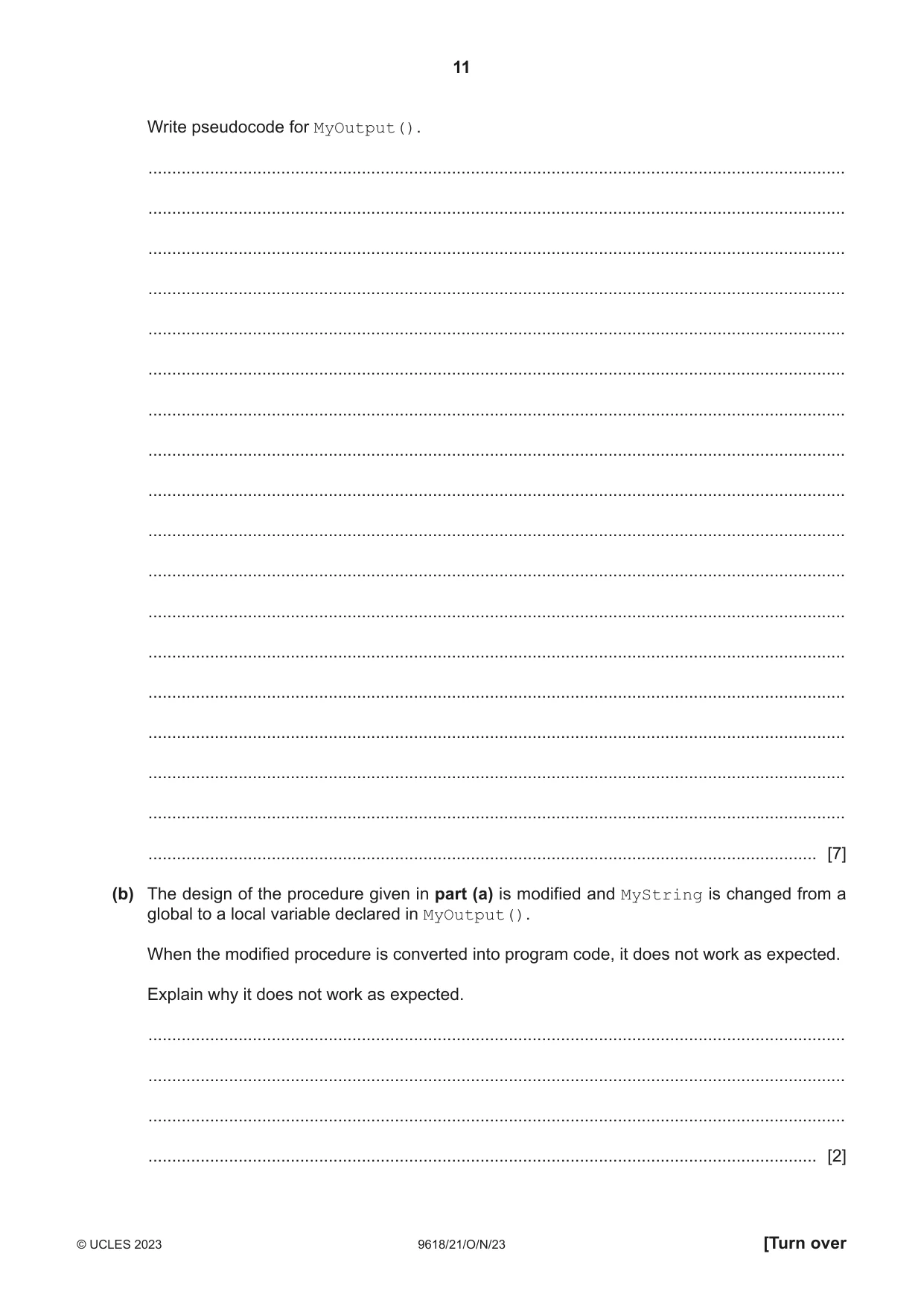 Cambridge A Level Computer Science 9618 2023 Oct/Nov Paper 2 · Variant 1 question paper, page 11 of 20