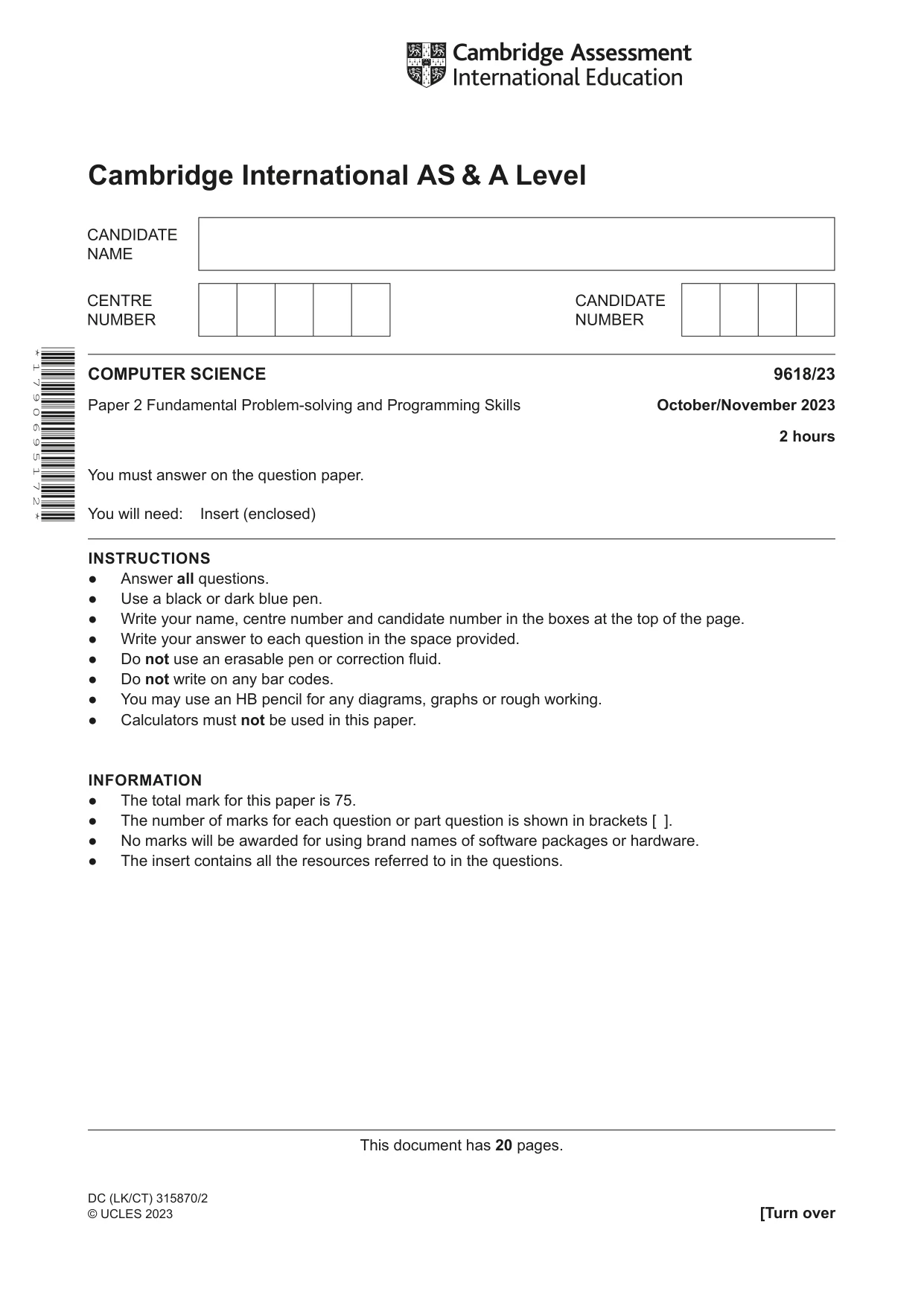 Cambridge A Level Computer Science 9618 2023 Oct/Nov Paper 2 · Variant 3 question paper, page 1 of 20