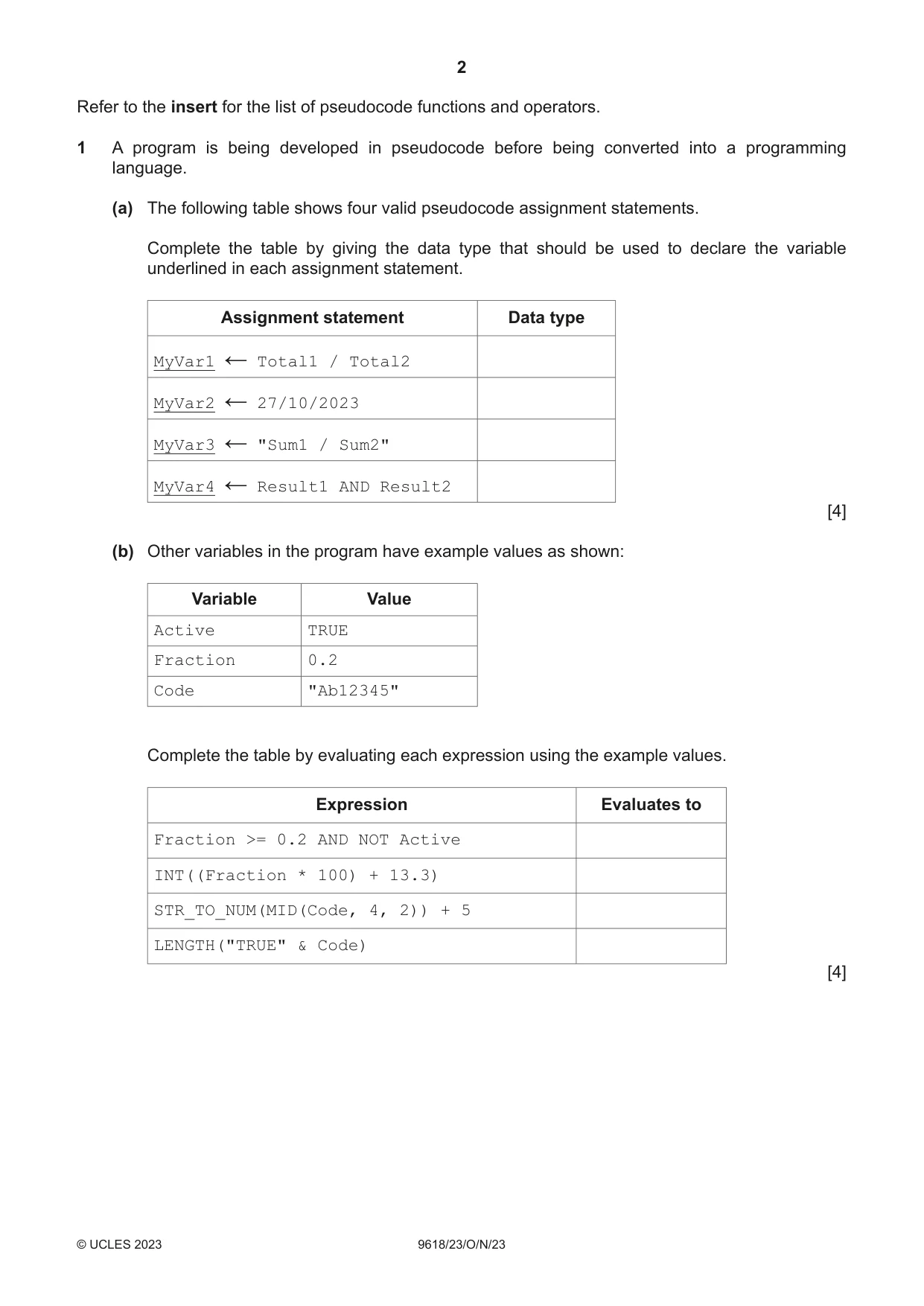 Cambridge A Level Computer Science 9618 2023 Oct/Nov Paper 2 · Variant 3 question paper, page 2 of 20
