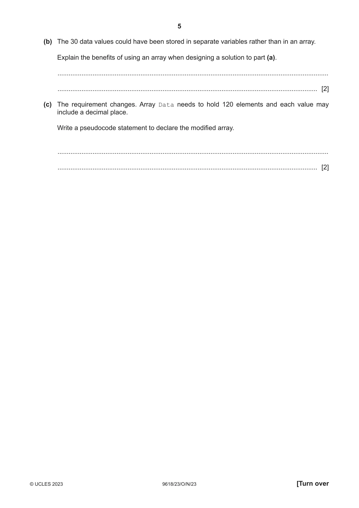 Cambridge A Level Computer Science 9618 2023 Oct/Nov Paper 2 · Variant 3 question paper, page 5 of 20