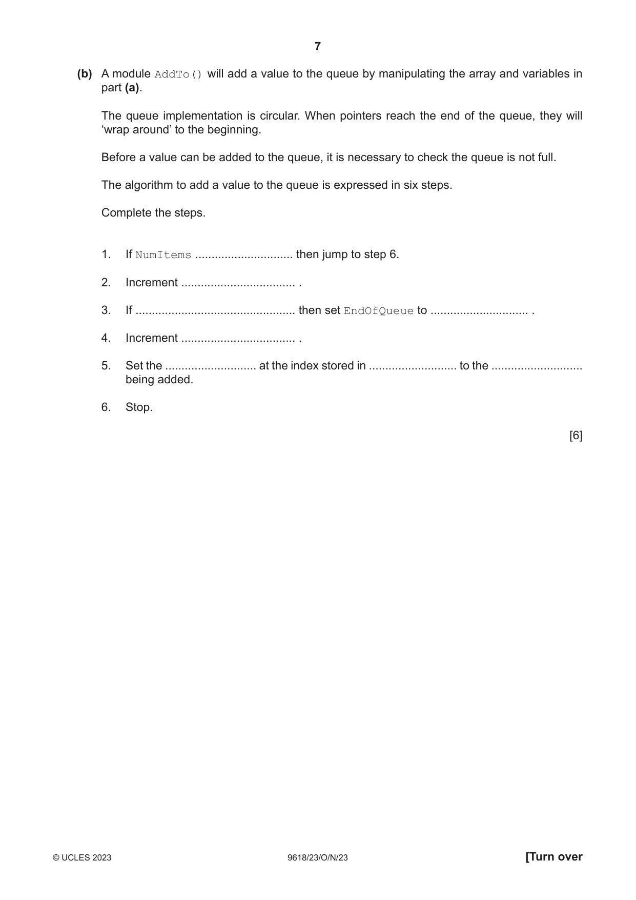 Cambridge A Level Computer Science 9618 2023 Oct/Nov Paper 2 · Variant 3 question paper, page 7 of 20