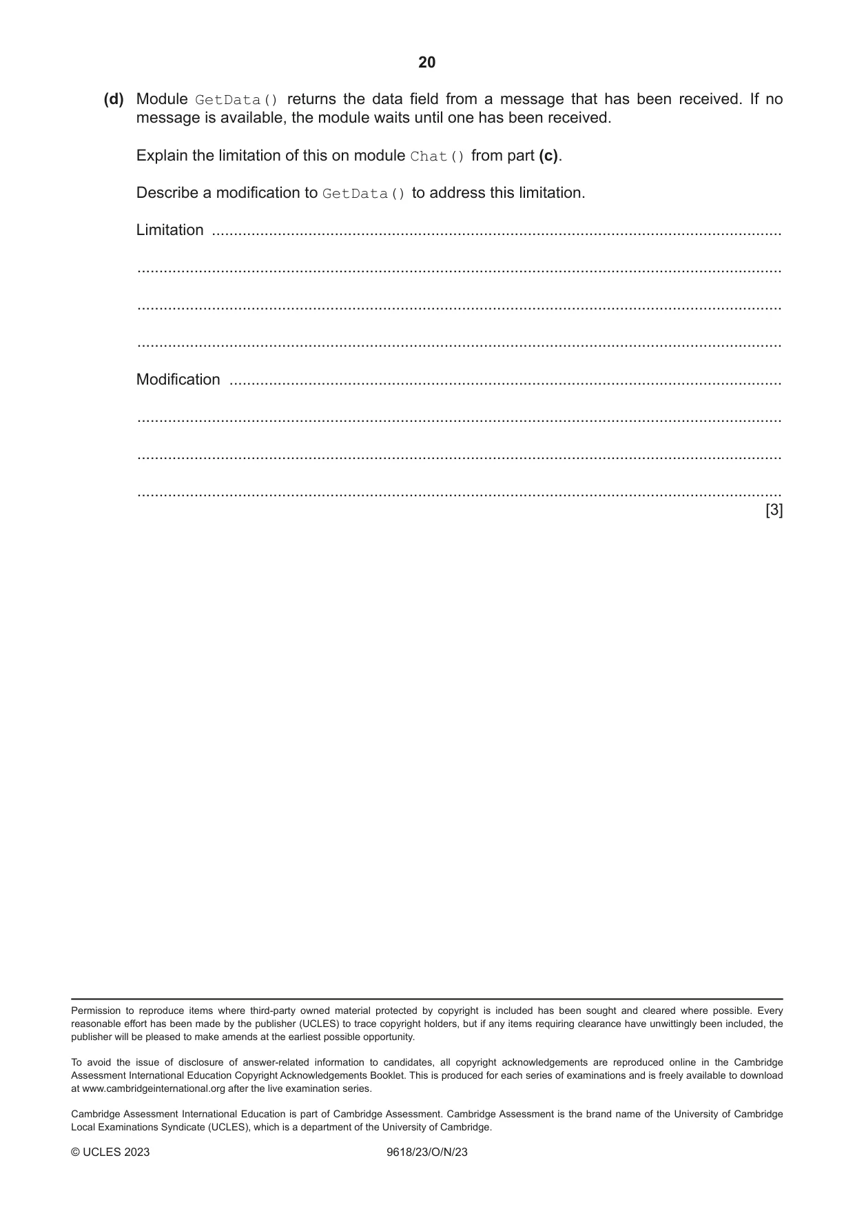 Cambridge A Level Computer Science 9618 2023 Oct/Nov Paper 2 · Variant 3 question paper, page 20 of 20
