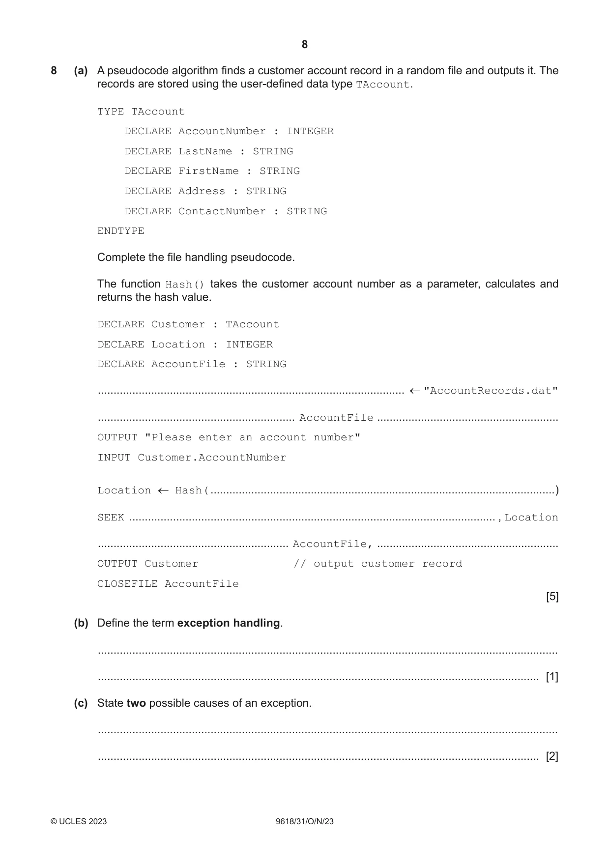 Cambridge A Level Computer Science 9618 2023 Oct/Nov Paper 3 · Variant 1 question paper, page 8 of 16