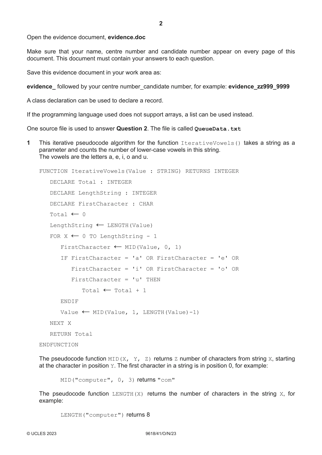 Cambridge A Level Computer Science 9618 2023 Oct/Nov Paper 4 · Variant 1 question paper, page 2 of 12