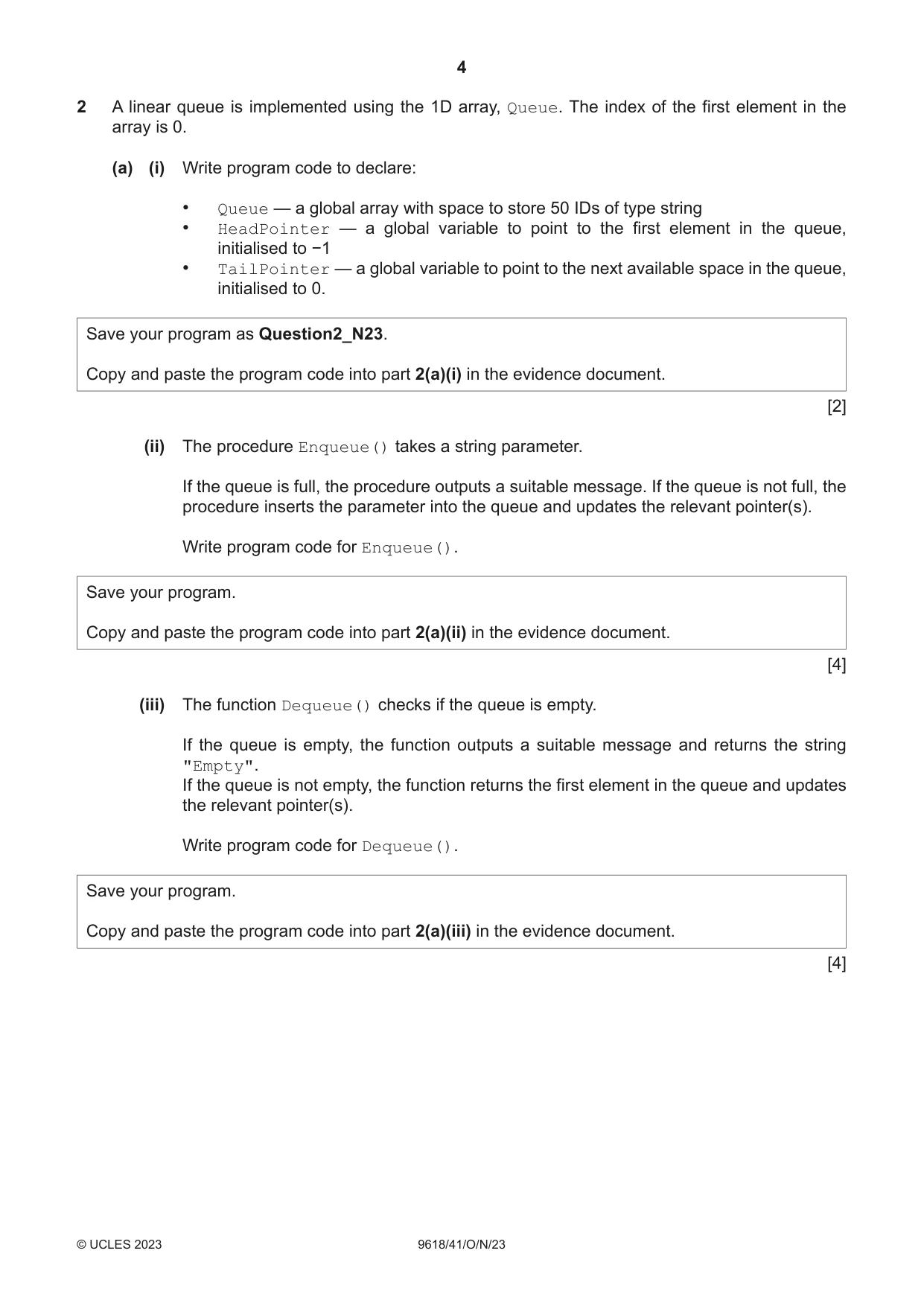 Cambridge A Level Computer Science 9618 2023 Oct/Nov Paper 4 · Variant 1 question paper, page 4 of 12