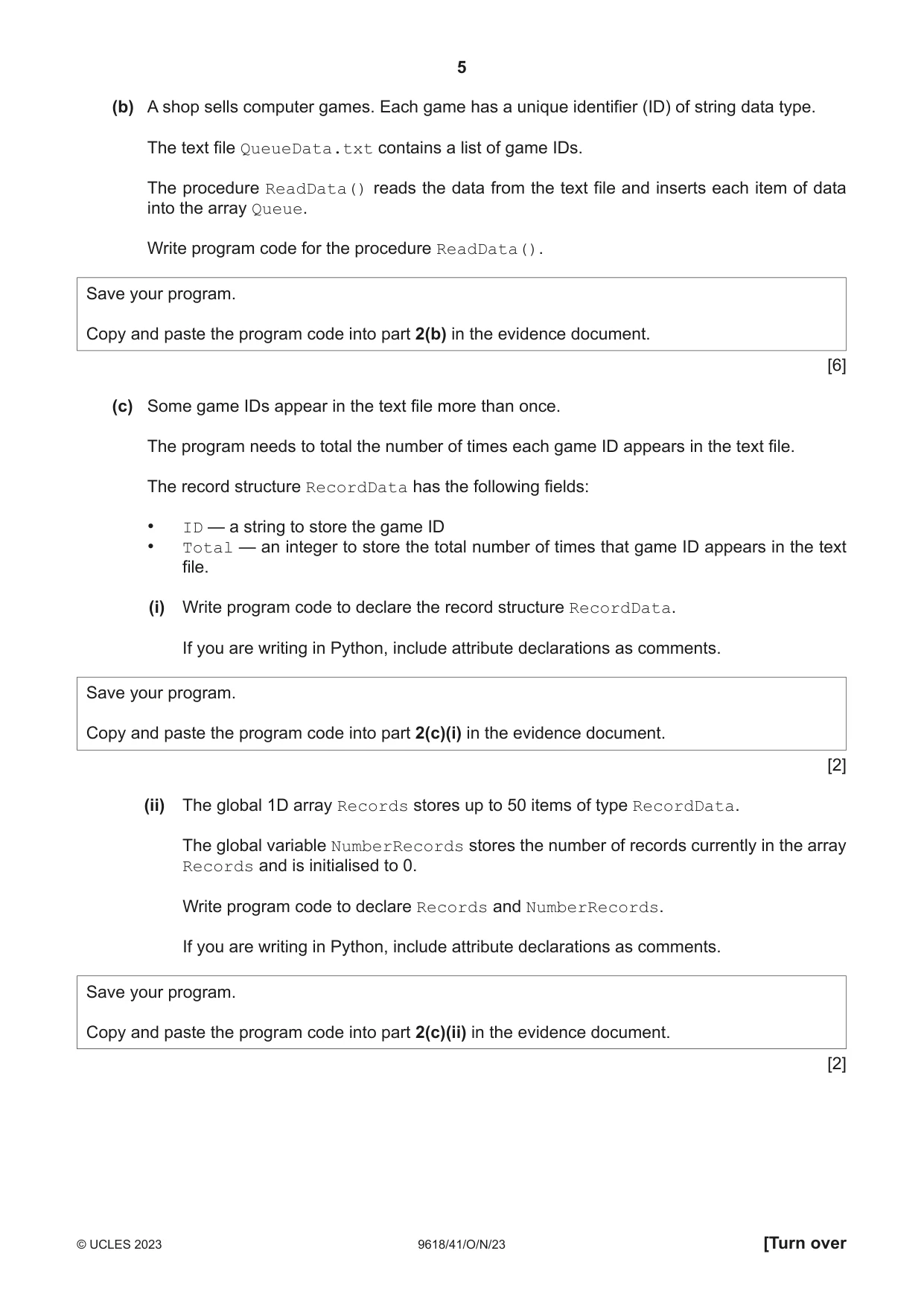 Cambridge A Level Computer Science 9618 2023 Oct/Nov Paper 4 · Variant 1 question paper, page 5 of 12