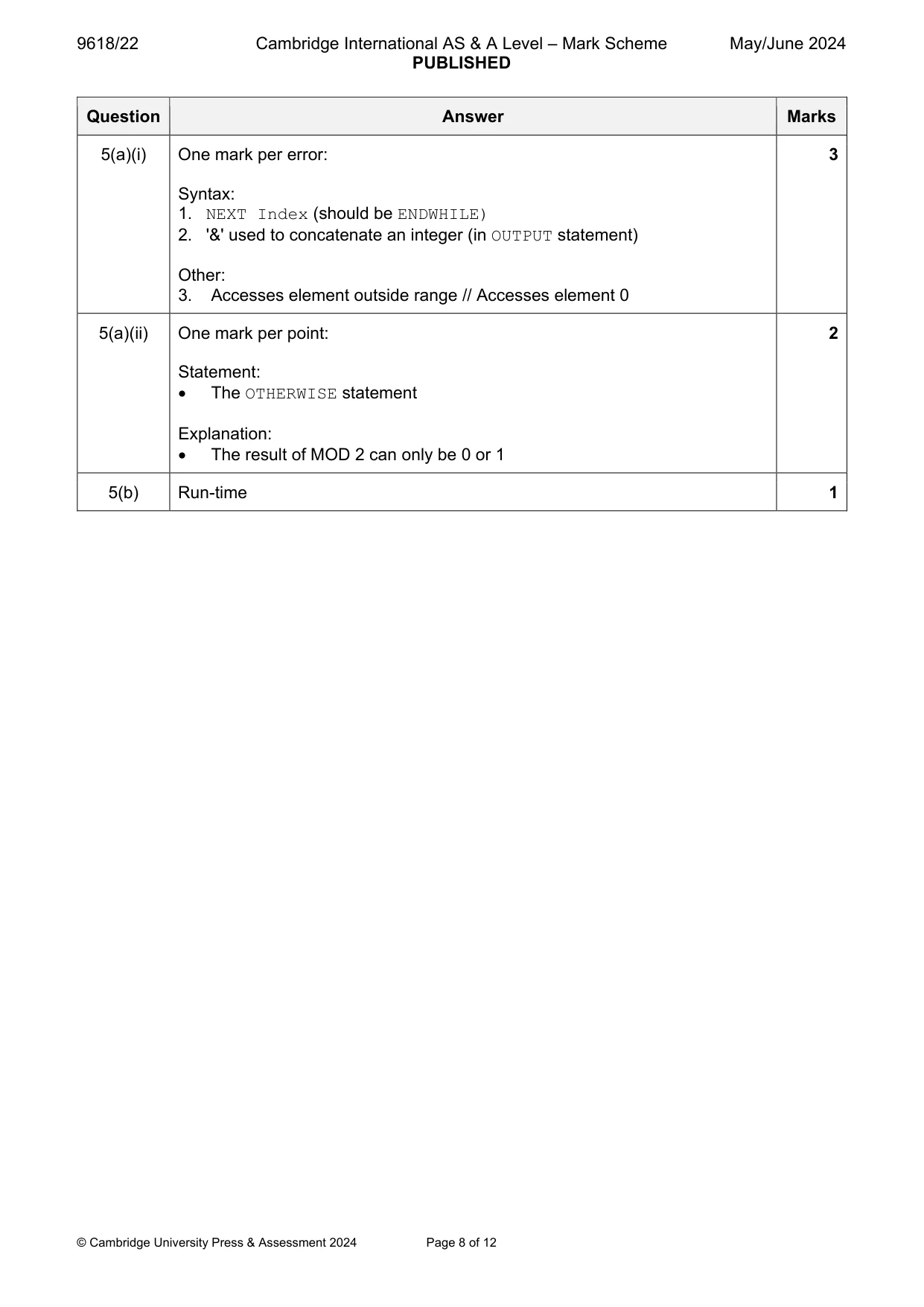 Mark scheme, page 8 of 12