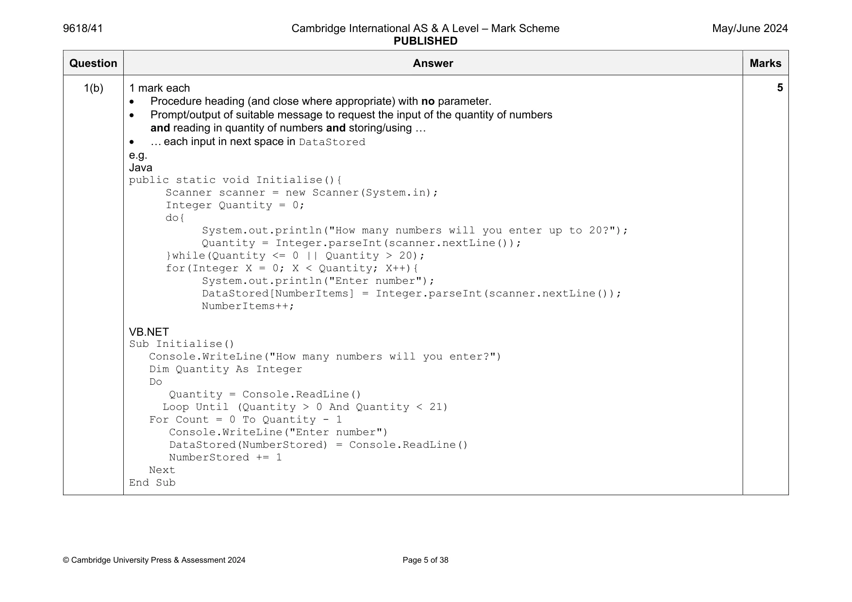 Mark scheme, page 5 of 38