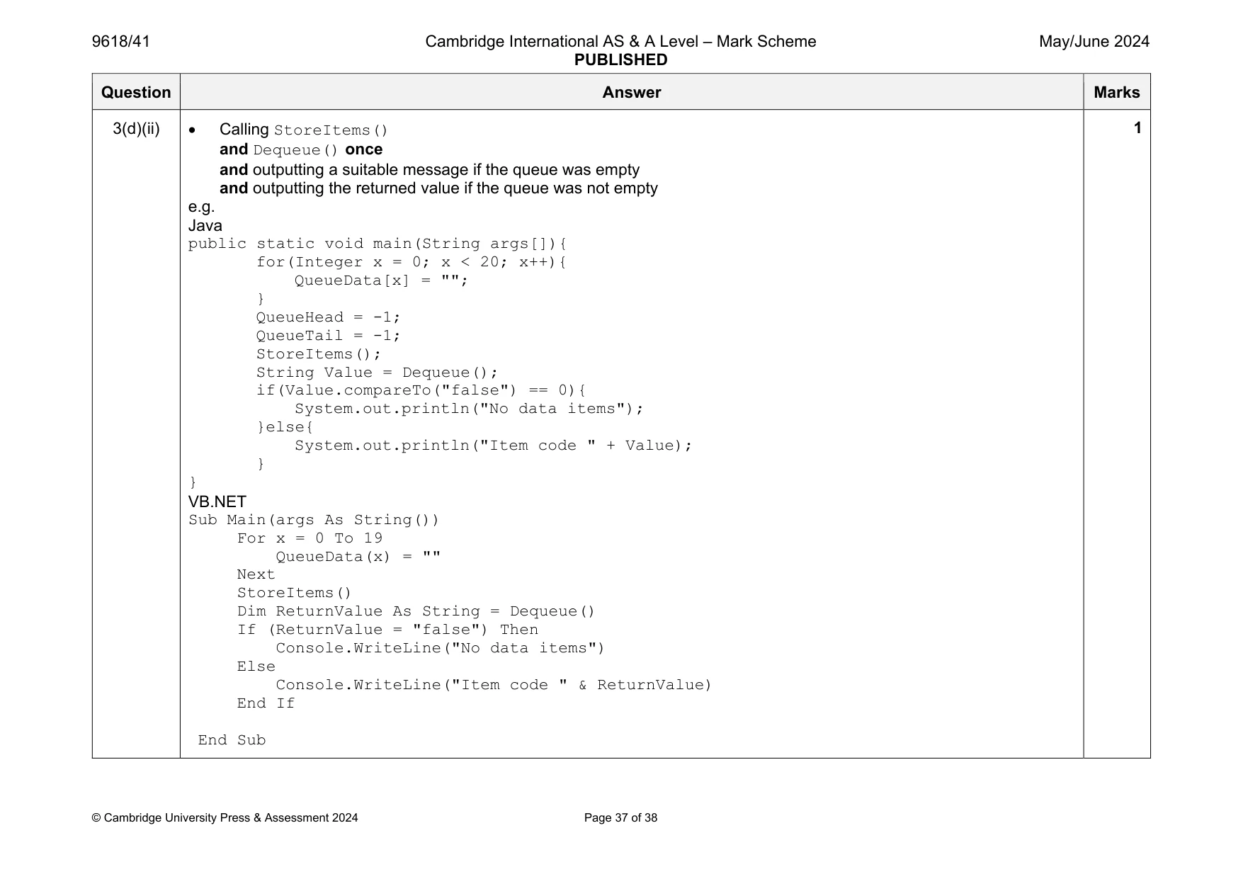 Mark scheme, page 37 of 38