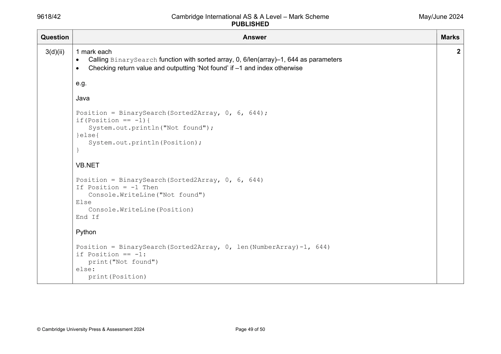 Mark scheme, page 49 of 50