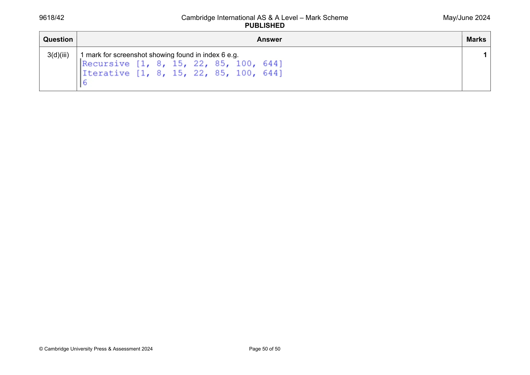 Mark scheme, page 50 of 50