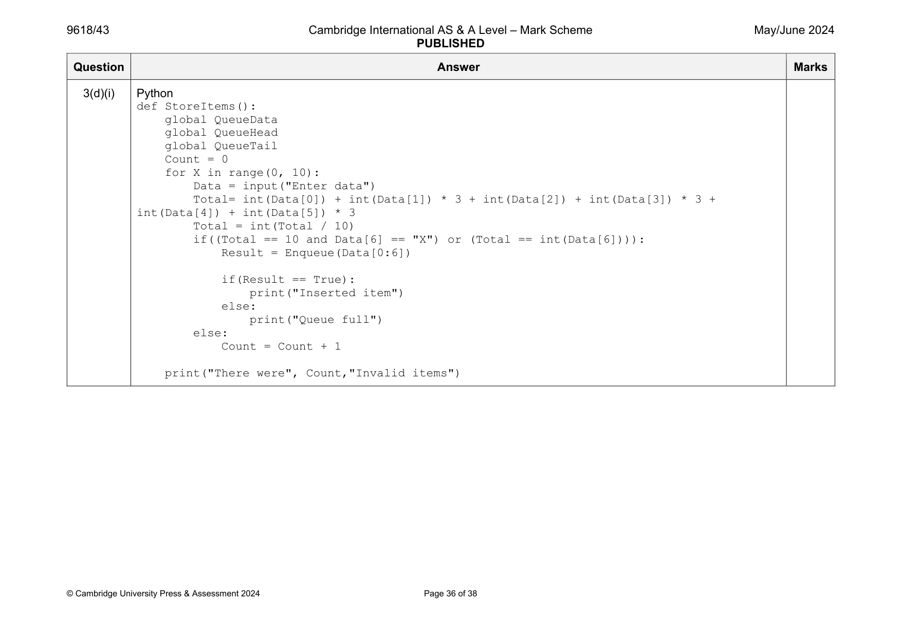 Mark scheme, page 36 of 38