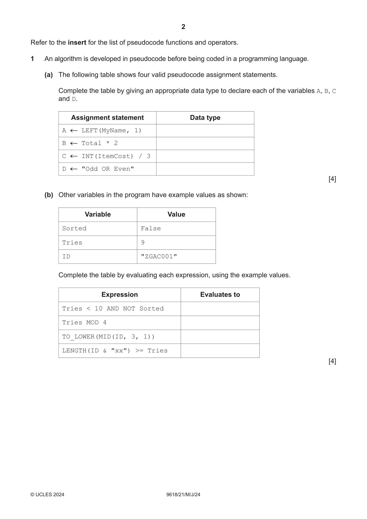 Cambridge A Level Computer Science 9618 2024 May/June Paper 2 · Variant 1 question paper, page 2 of 24