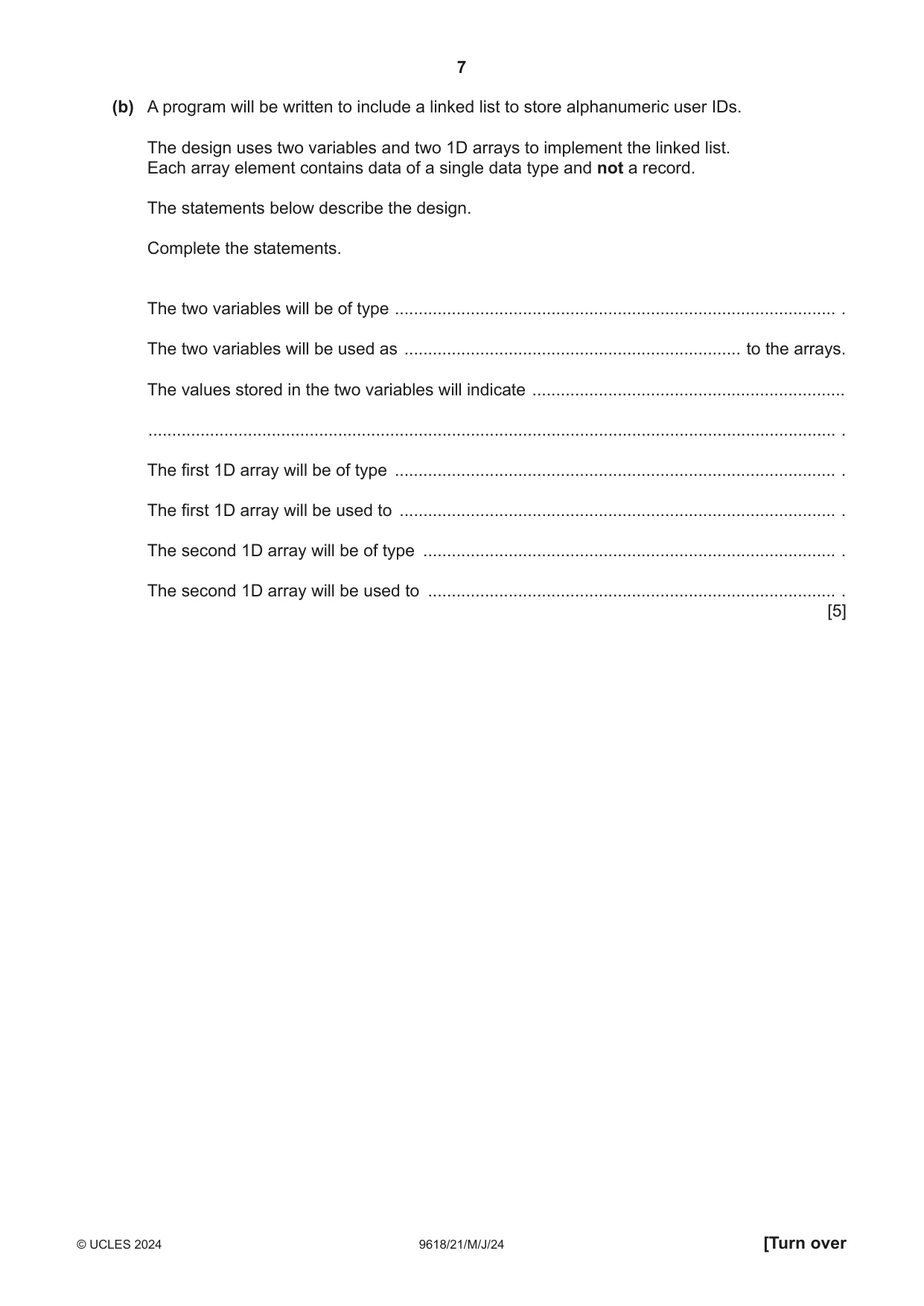 Cambridge A Level Computer Science 9618 2024 May/June Paper 2 · Variant 1 question paper, page 7 of 24