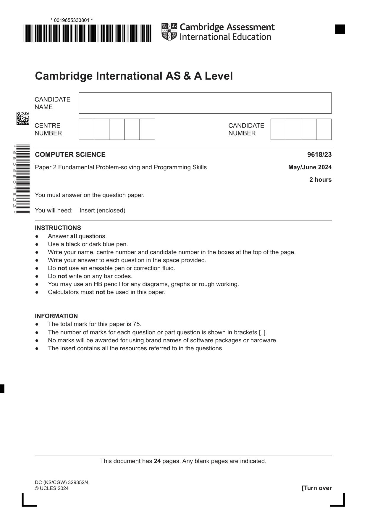 Cambridge A Level Computer Science 9618 2024 May/June Paper 2 · Variant 3 question paper, page 1 of 24