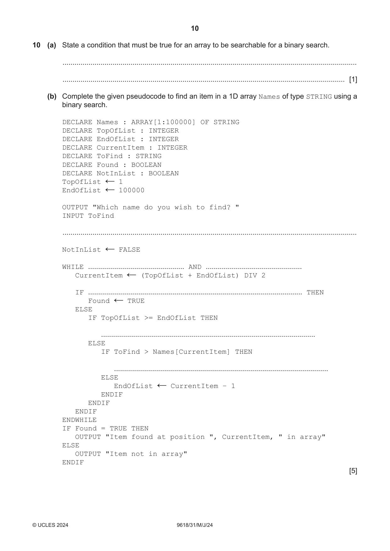 Cambridge A Level Computer Science 9618 2024 May/June Paper 3 · Variant 1 question paper, page 10 of 12