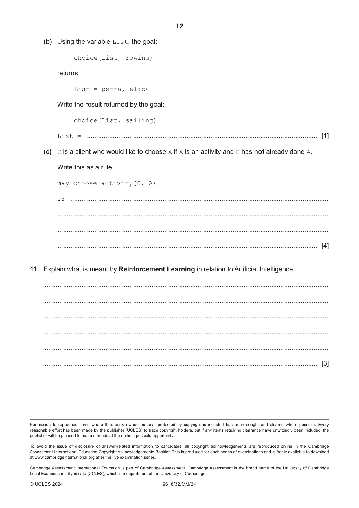 Cambridge A Level Computer Science 9618 2024 May/June Paper 3 · Variant 2 question paper, page 12 of 12