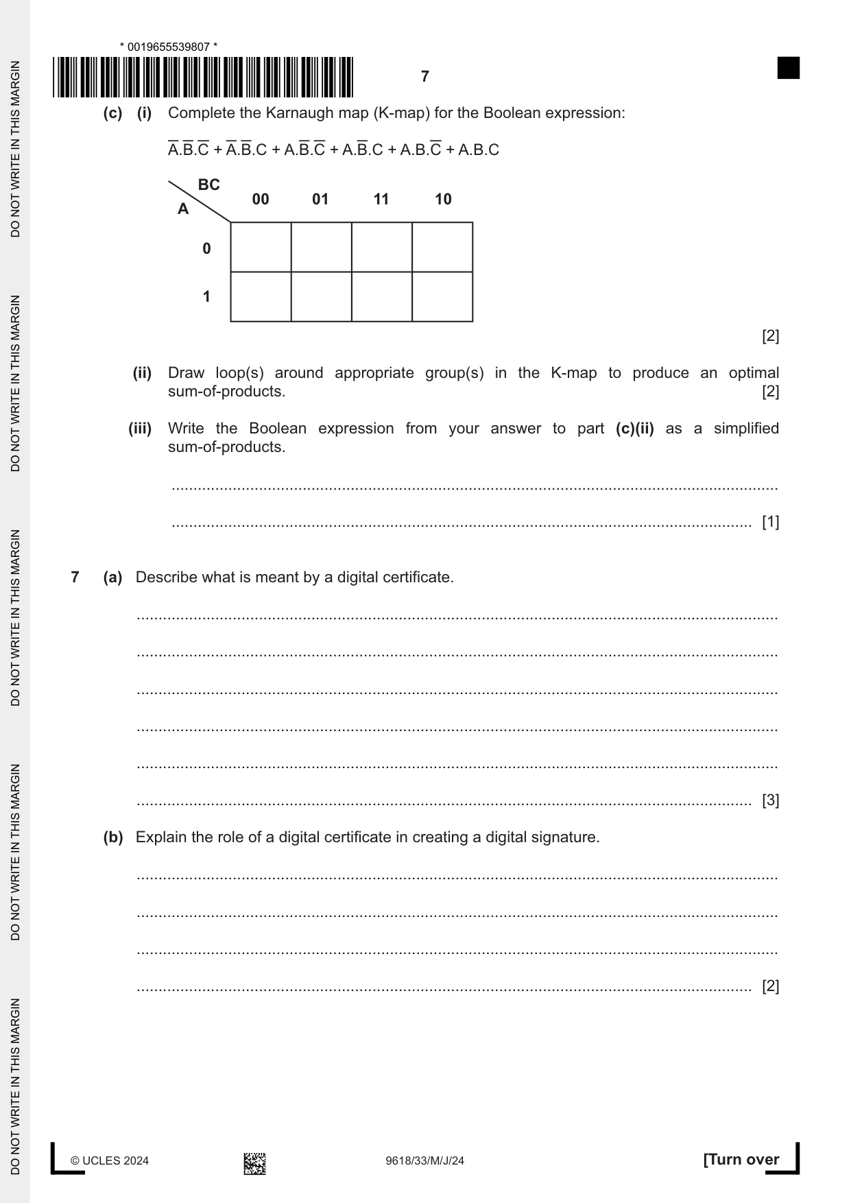 Cambridge A Level Computer Science 9618 2024 May/June Paper 3 · Variant 3 question paper, page 7 of 12