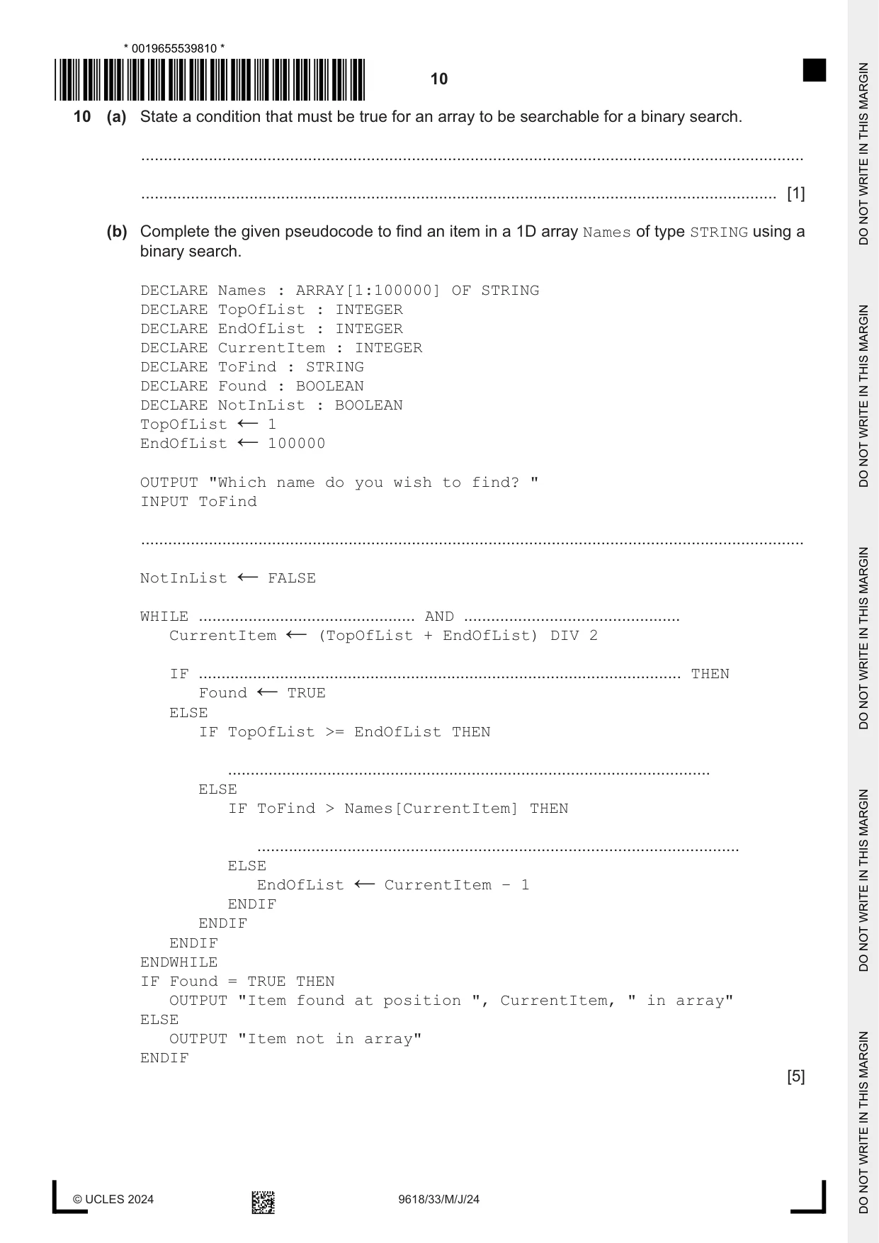 Cambridge A Level Computer Science 9618 2024 May/June Paper 3 · Variant 3 question paper, page 10 of 12