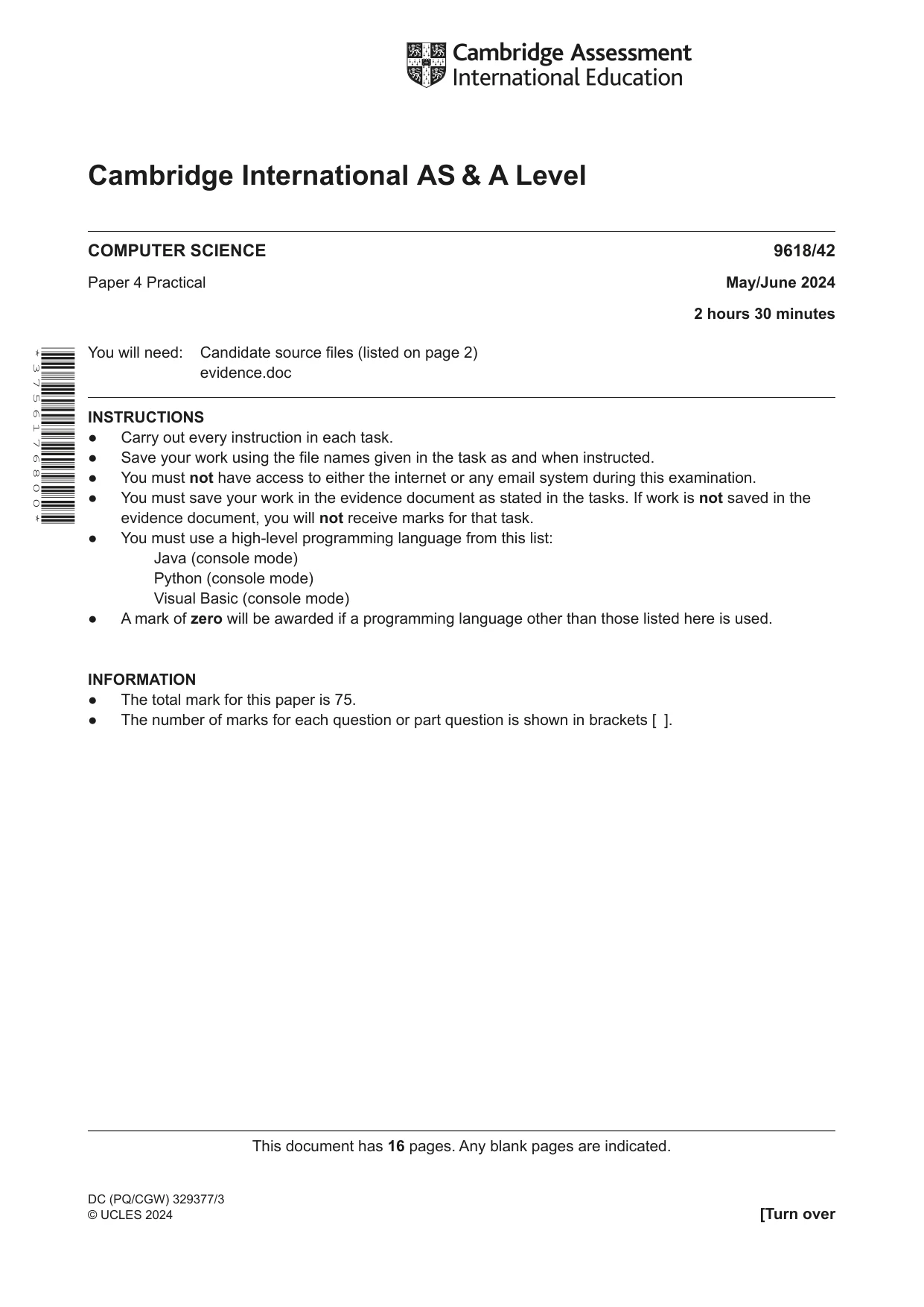 Cambridge A Level Computer Science 9618 2024 May/June Paper 4 · Variant 2 question paper, page 1 of 16