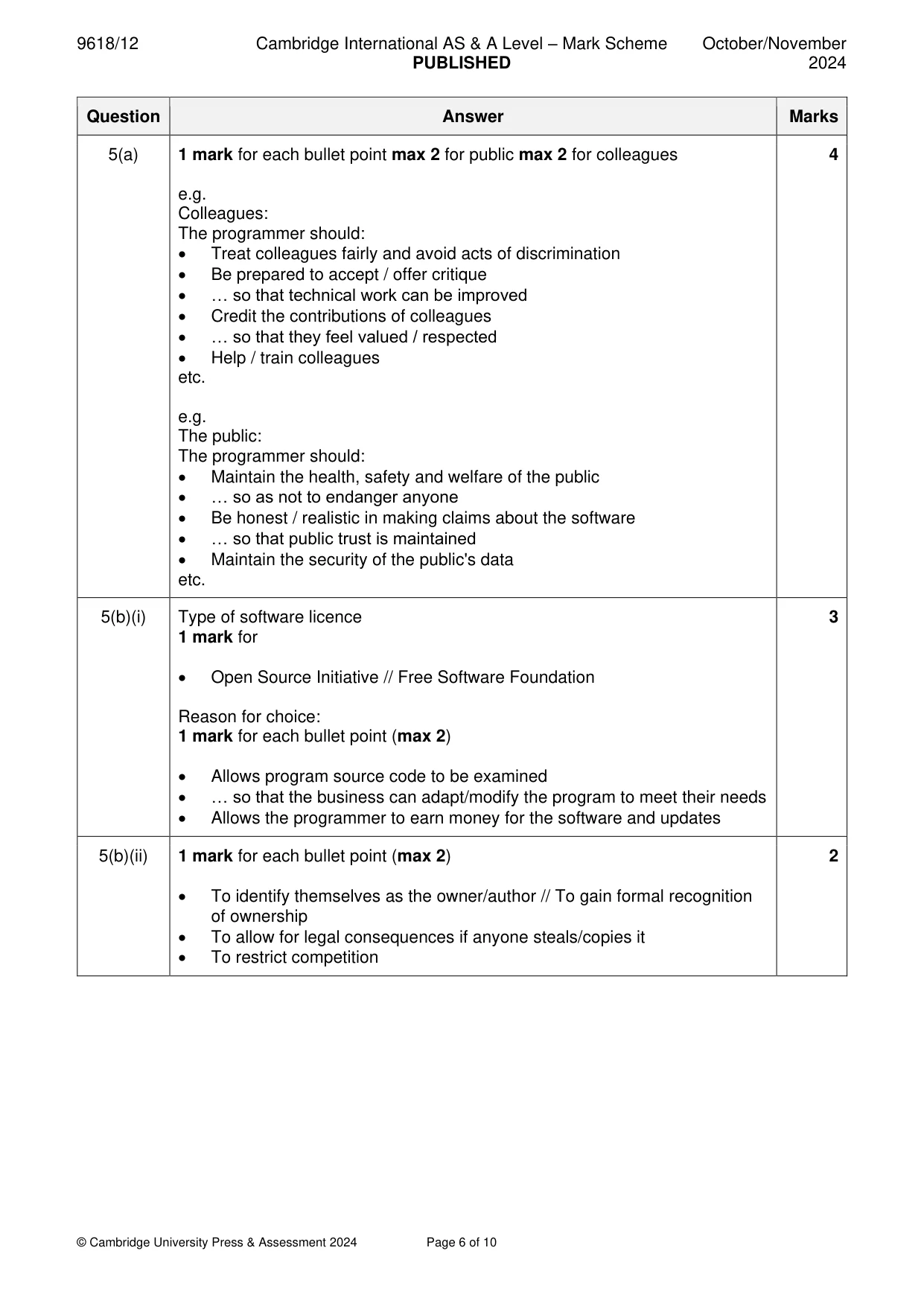 Mark scheme, page 6 of 10