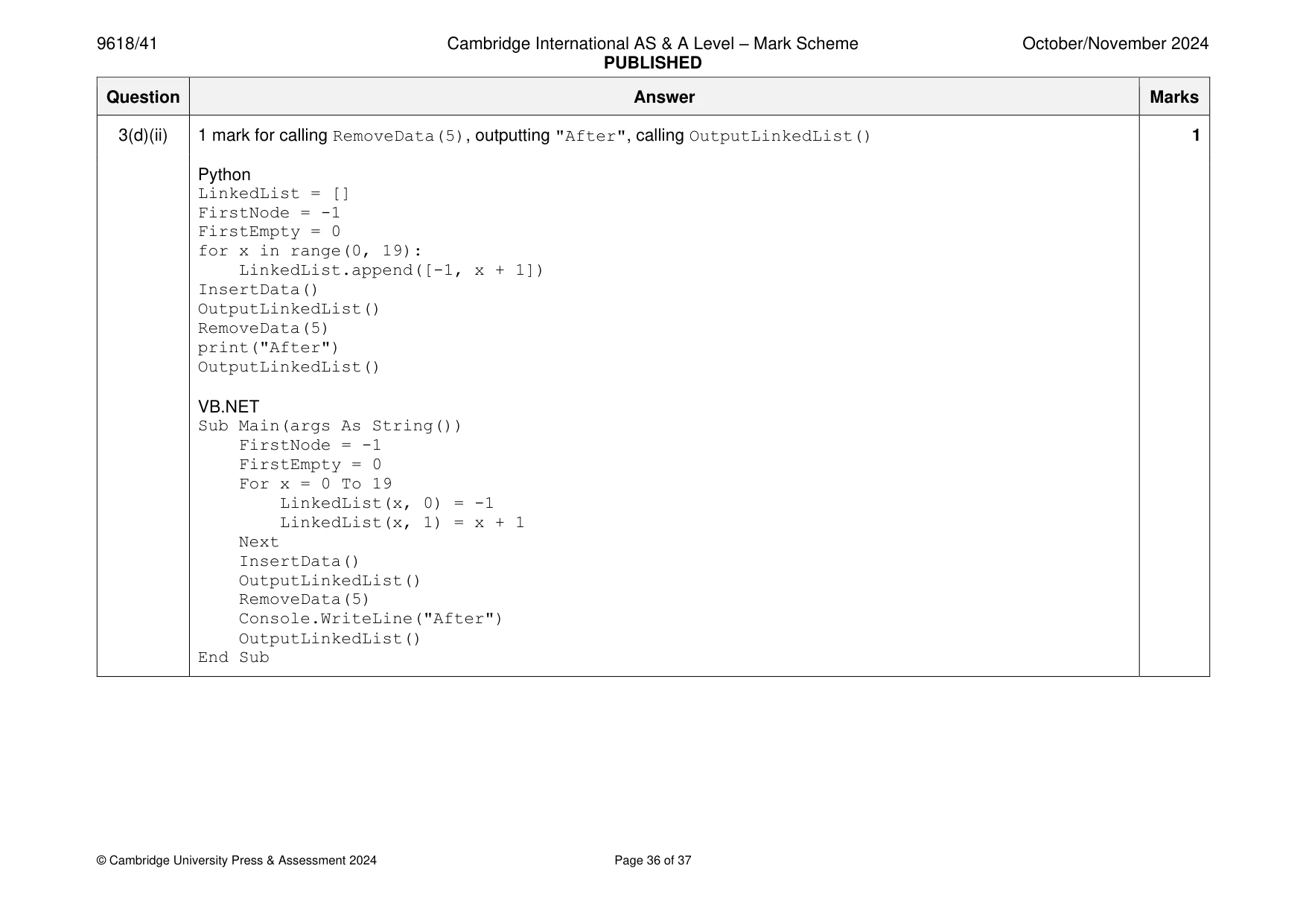 Mark scheme, page 36 of 37