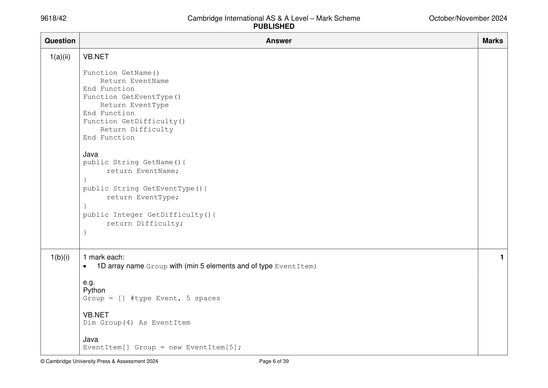 Mark scheme, page 6 of 39