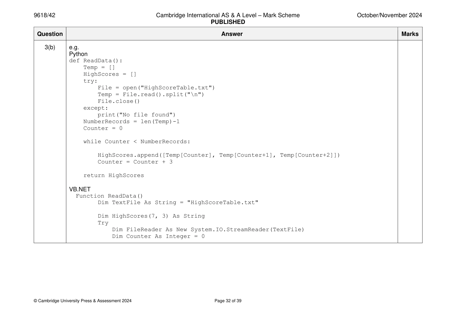 Mark scheme, page 32 of 39