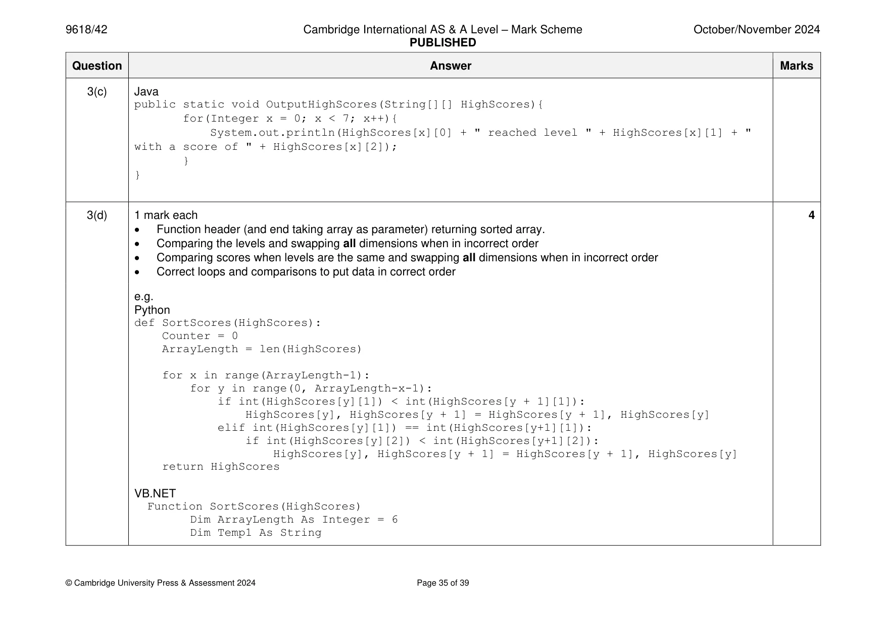 Mark scheme, page 35 of 39