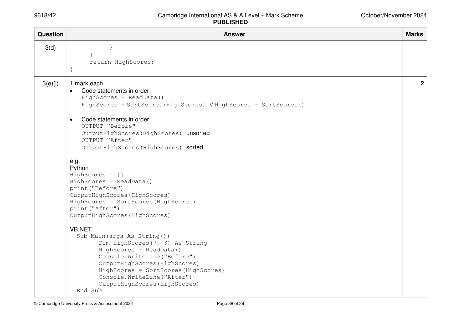 Mark scheme, page 38 of 39