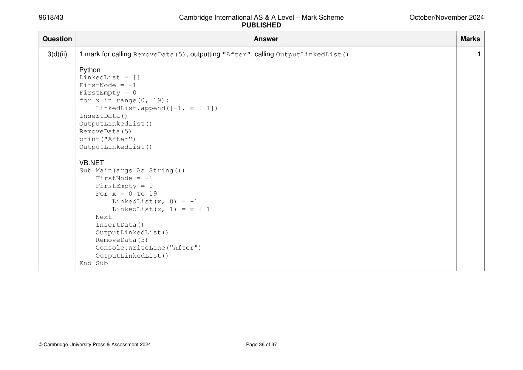 Mark scheme, page 36 of 37