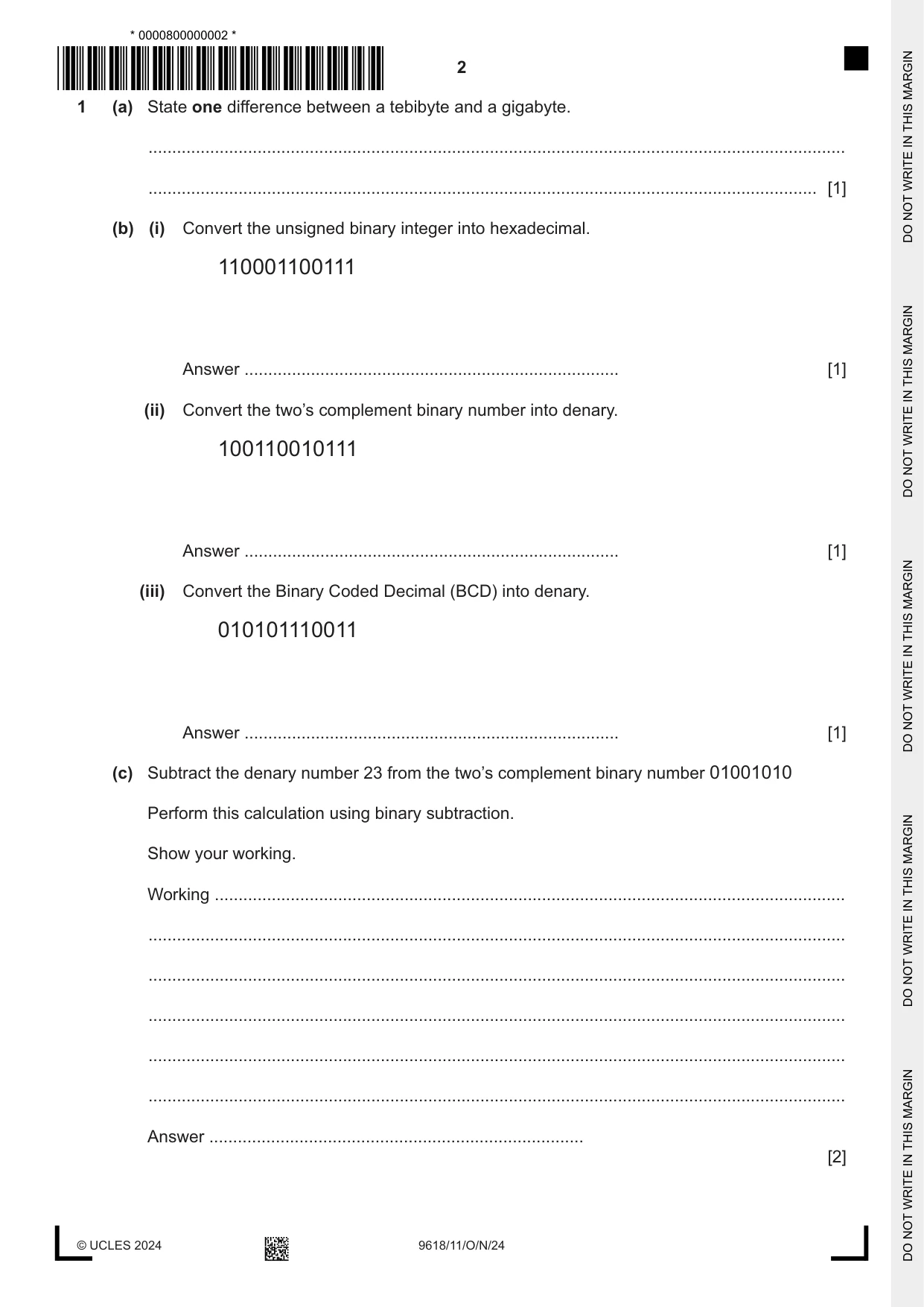 Cambridge A Level Computer Science 9618 2024 Oct/Nov Paper 1 · Variant 1 question paper, page 2 of 16