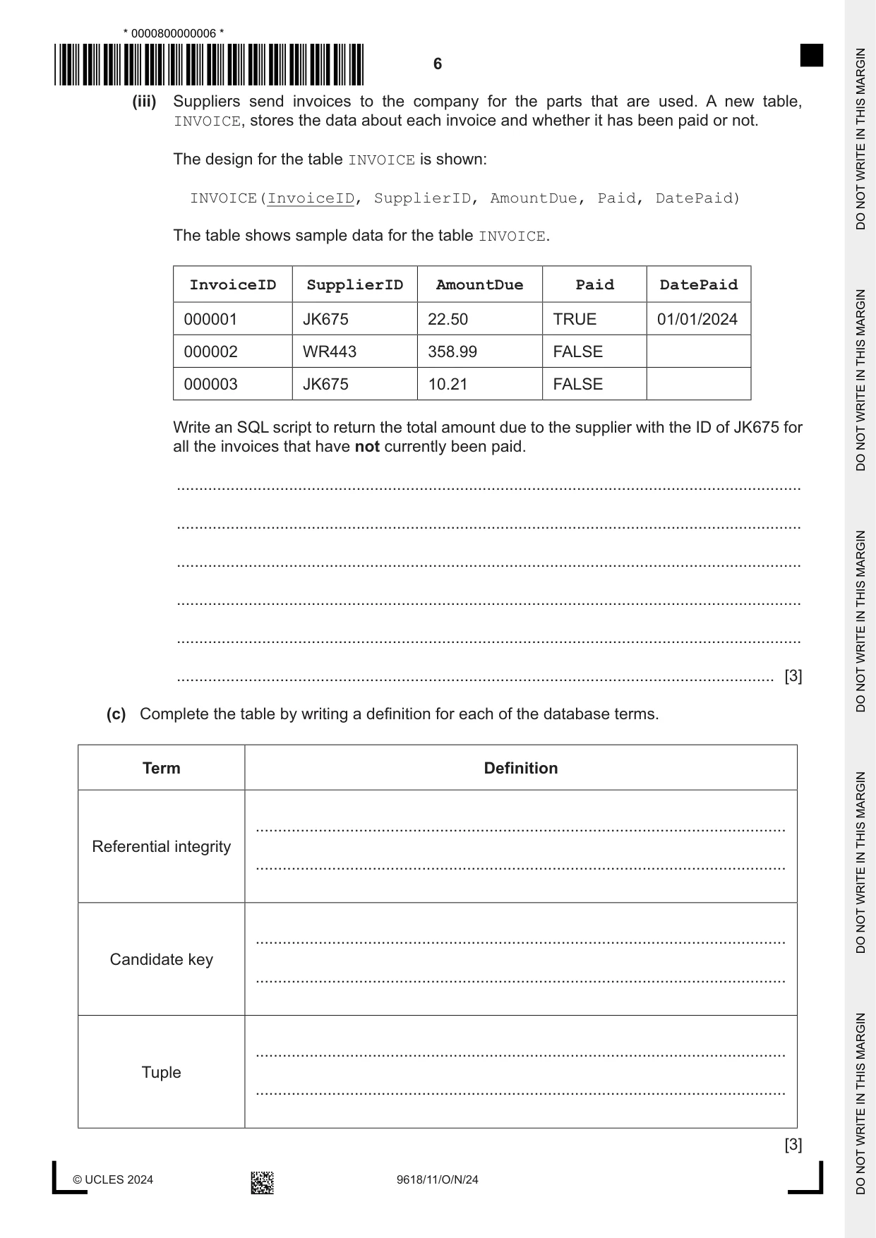 Cambridge A Level Computer Science 9618 2024 Oct/Nov Paper 1 · Variant 1 question paper, page 6 of 16