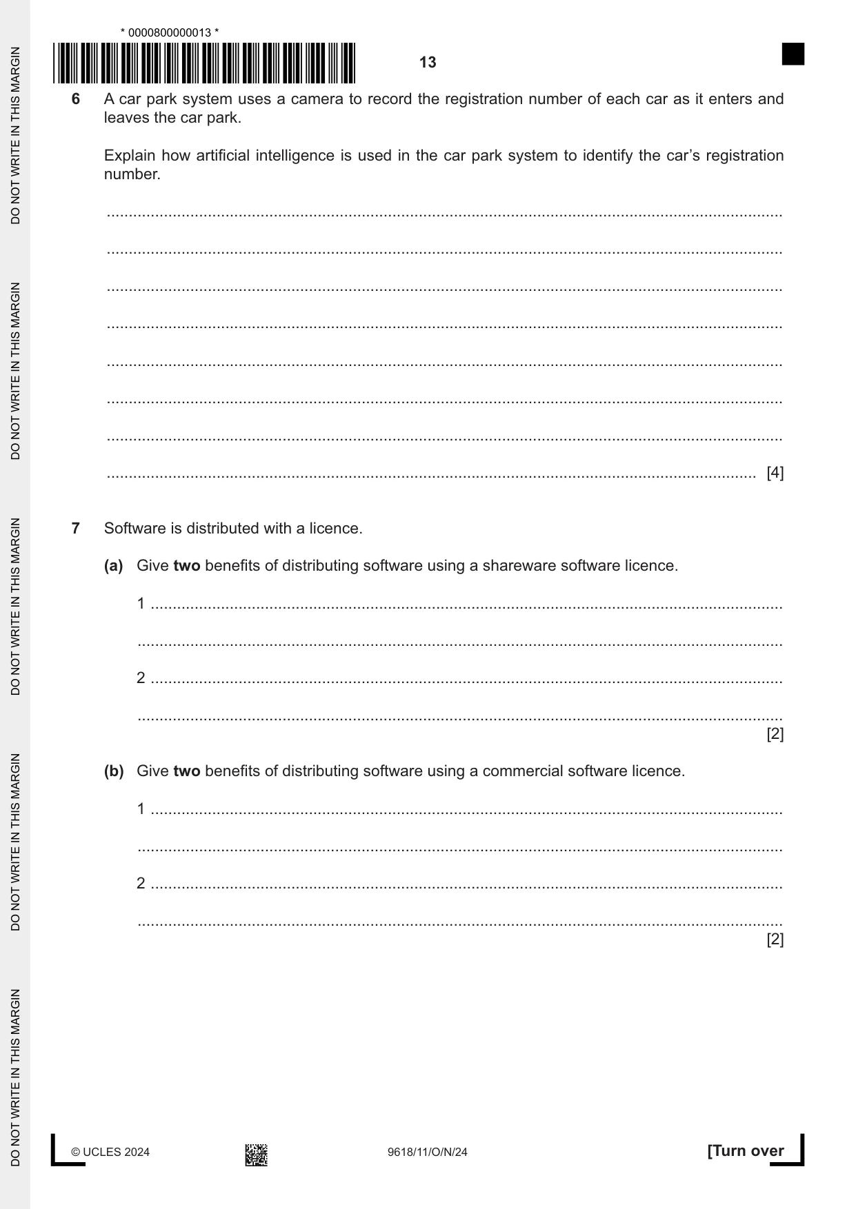 Cambridge A Level Computer Science 9618 2024 Oct/Nov Paper 1 · Variant 1 question paper, page 13 of 16