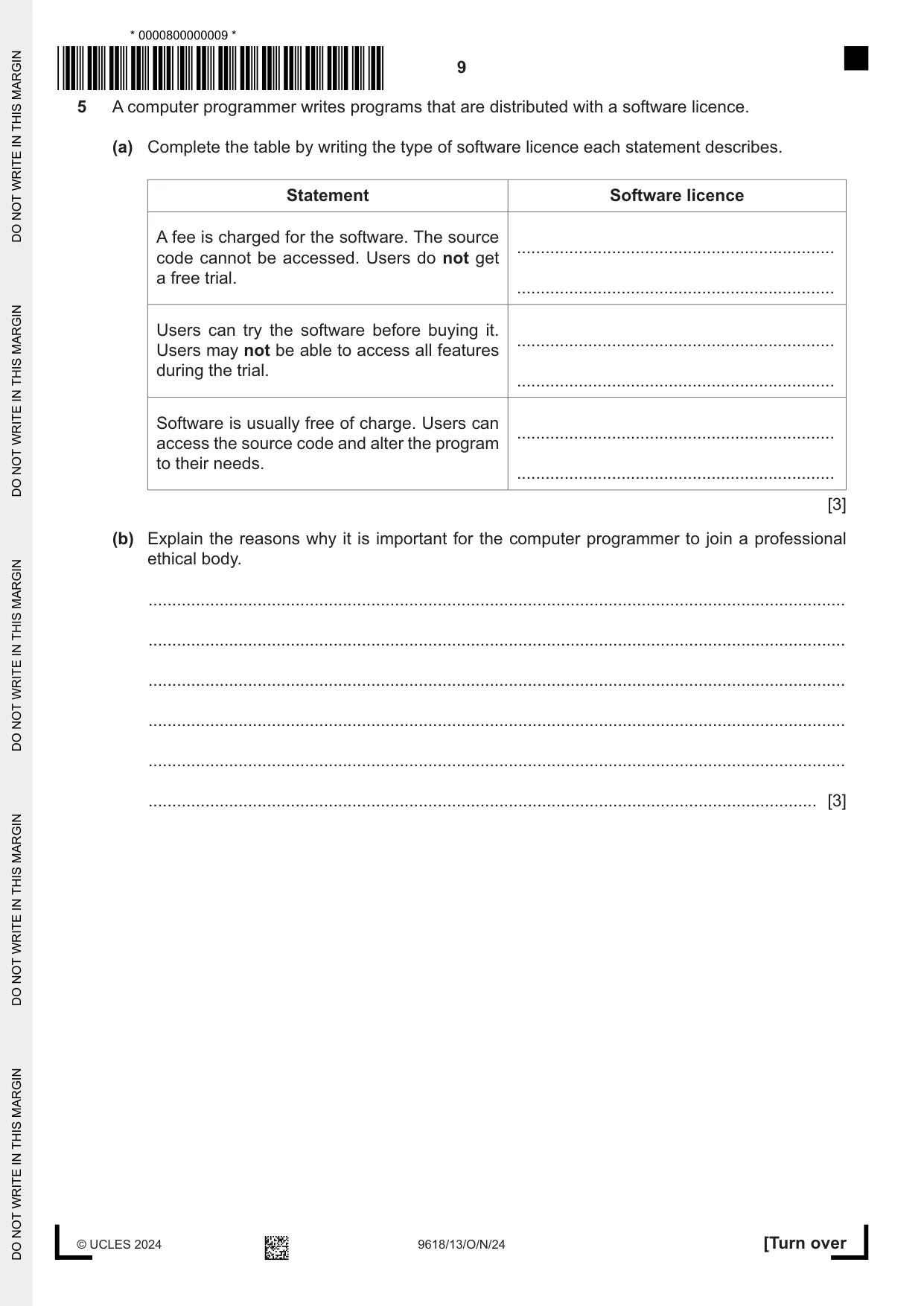 Cambridge A Level Computer Science 9618 2024 Oct/Nov Paper 1 · Variant 3 question paper, page 9 of 20