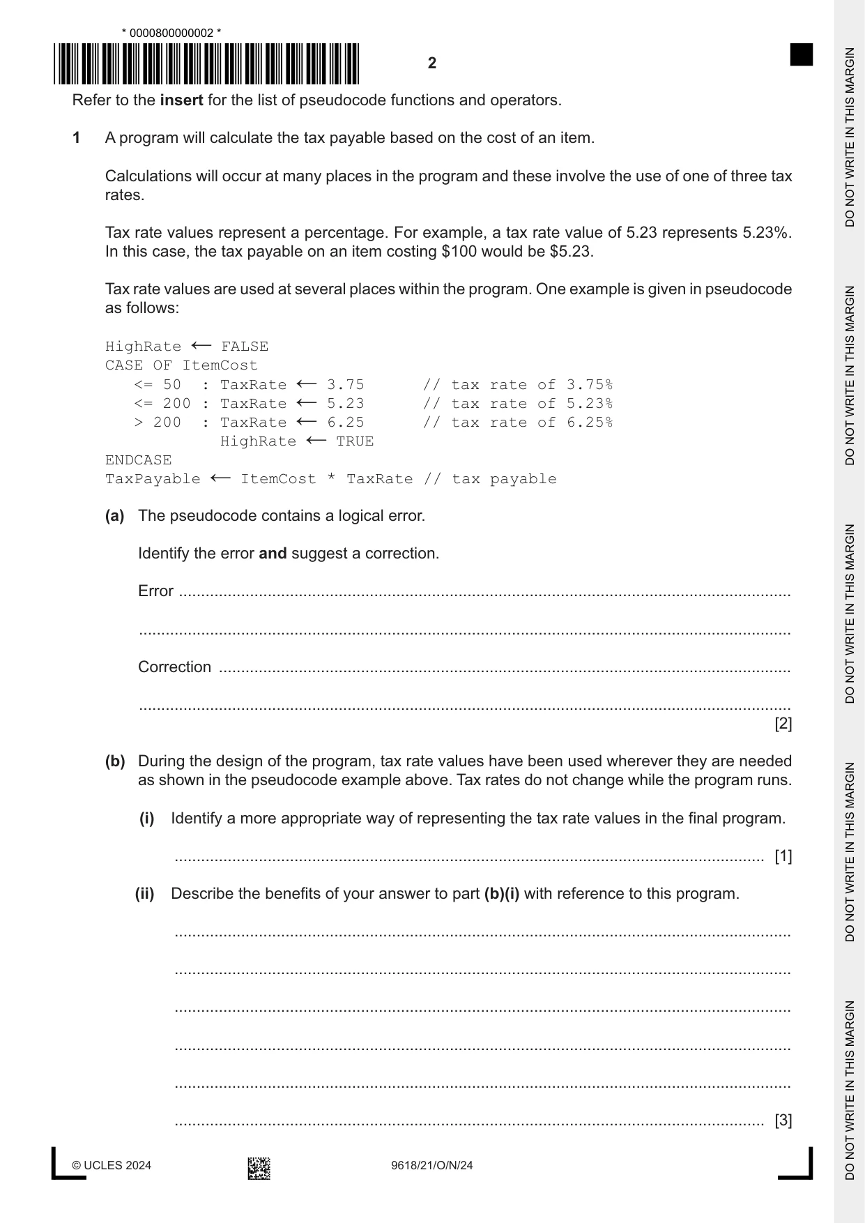 Cambridge A Level Computer Science 9618 2024 Oct/Nov Paper 2 · Variant 1 question paper, page 2 of 20