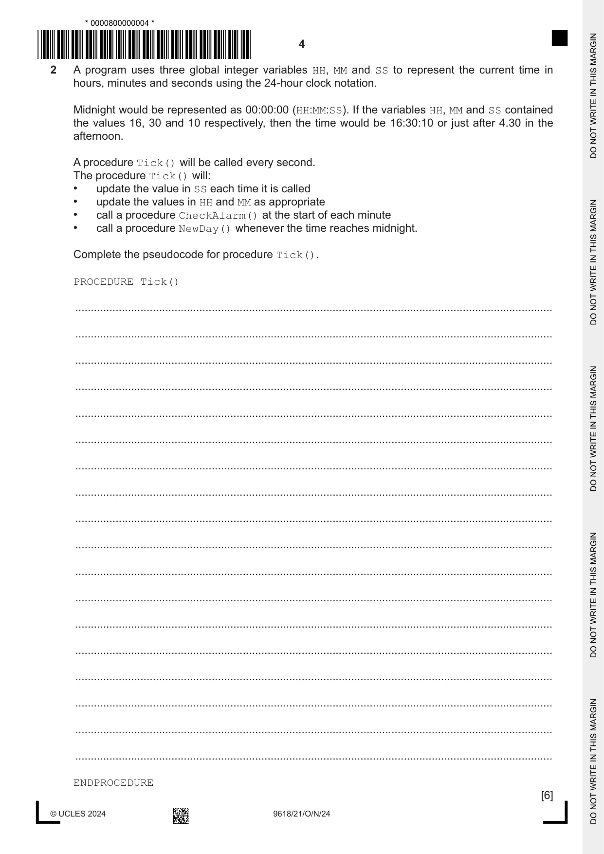 Cambridge A Level Computer Science 9618 2024 Oct/Nov Paper 2 · Variant 1 question paper, page 4 of 20