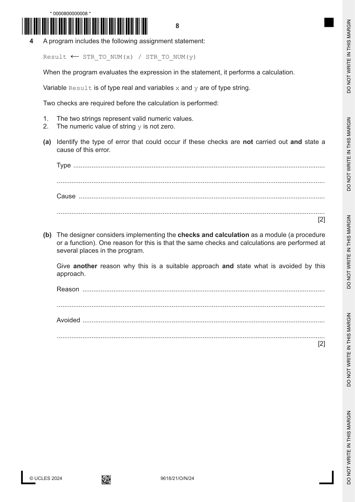 Cambridge A Level Computer Science 9618 2024 Oct/Nov Paper 2 · Variant 1 question paper, page 8 of 20
