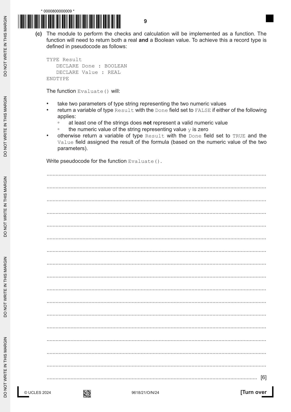 Cambridge A Level Computer Science 9618 2024 Oct/Nov Paper 2 · Variant 1 question paper, page 9 of 20