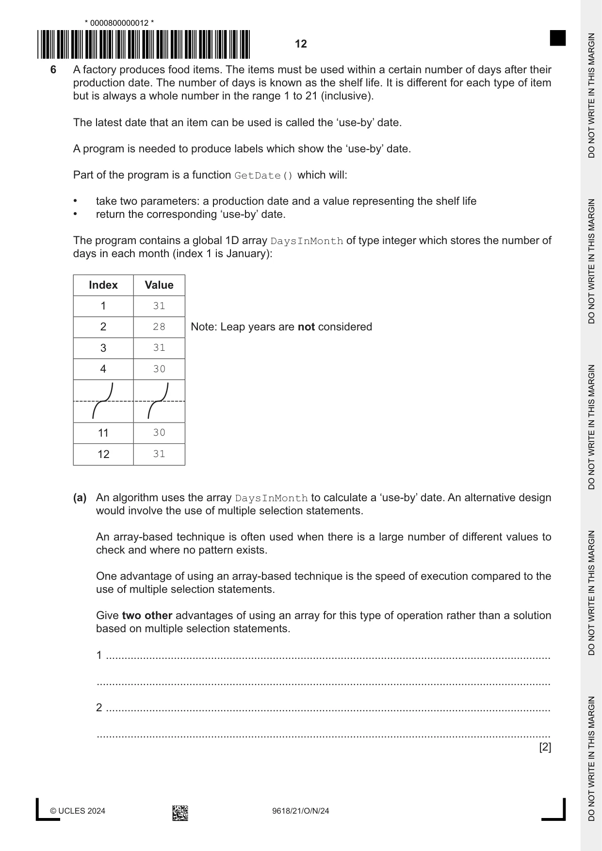 Cambridge A Level Computer Science 9618 2024 Oct/Nov Paper 2 · Variant 1 question paper, page 12 of 20