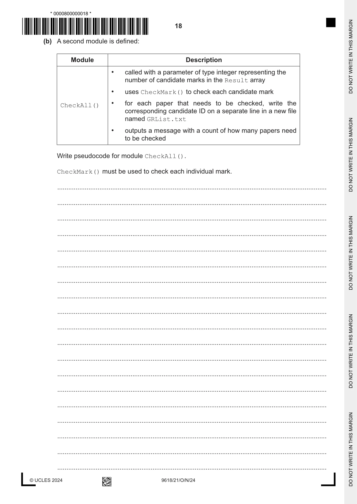 Cambridge A Level Computer Science 9618 2024 Oct/Nov Paper 2 · Variant 1 question paper, page 18 of 20