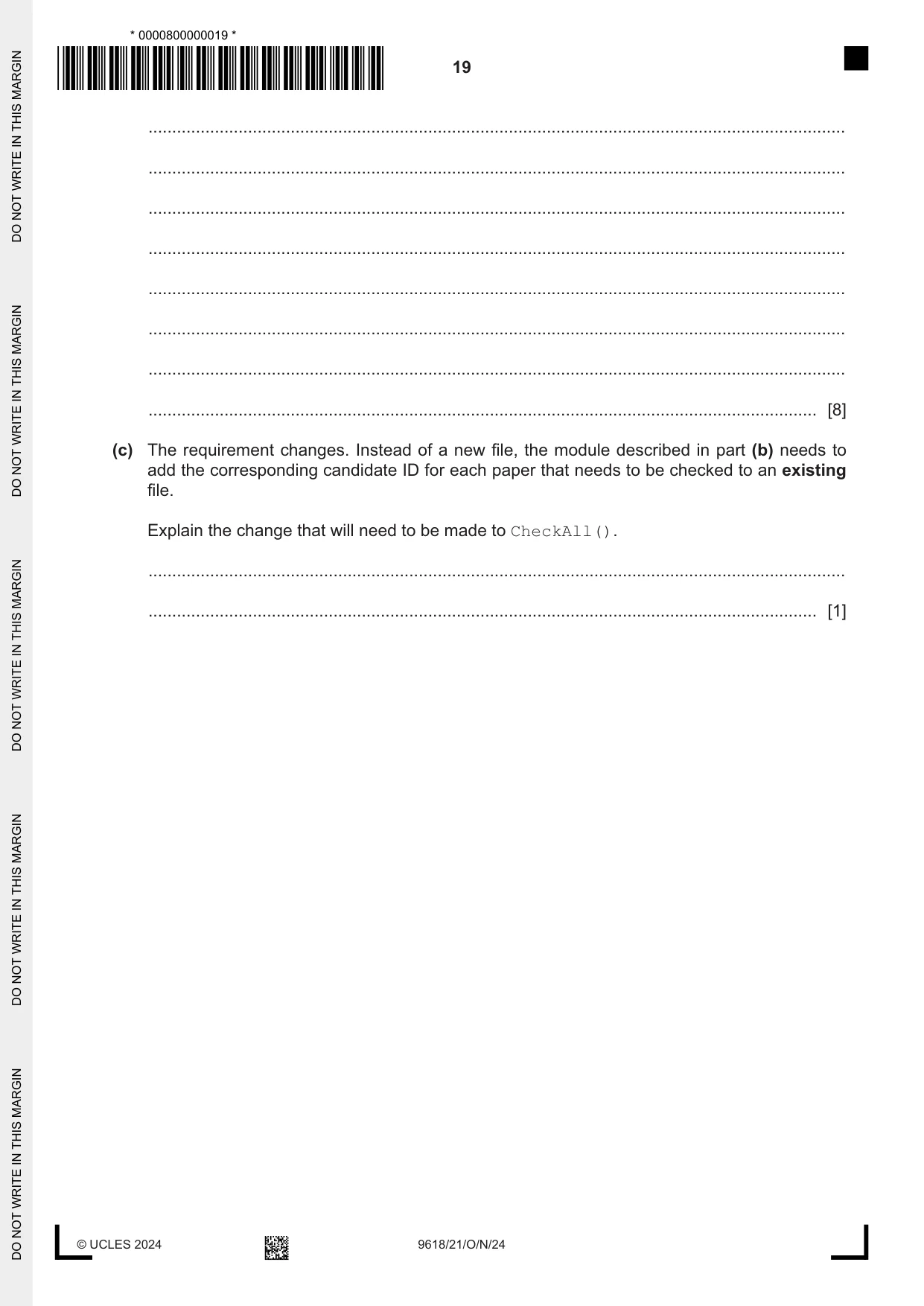 Cambridge A Level Computer Science 9618 2024 Oct/Nov Paper 2 · Variant 1 question paper, page 19 of 20