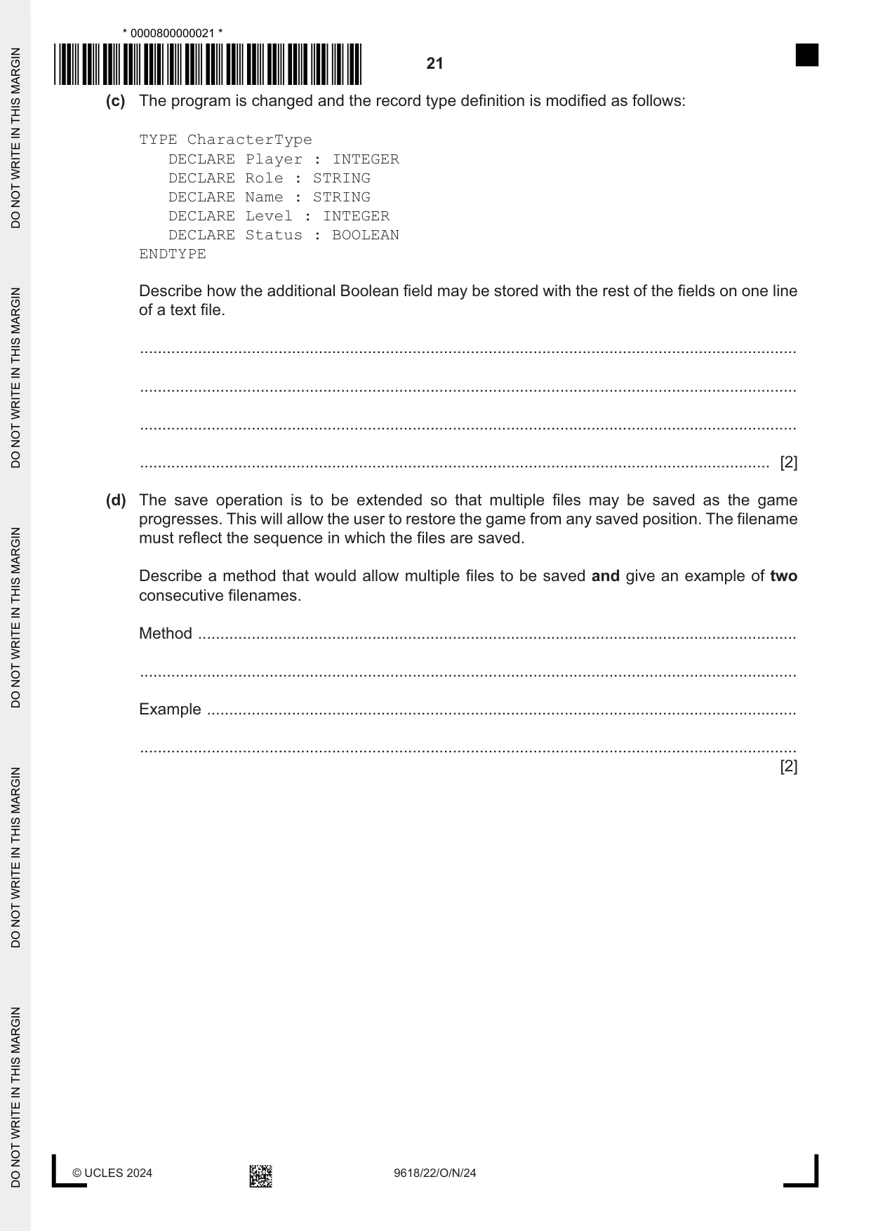 Cambridge A Level Computer Science 9618 2024 Oct/Nov Paper 2 · Variant 2 question paper, page 21 of 24
