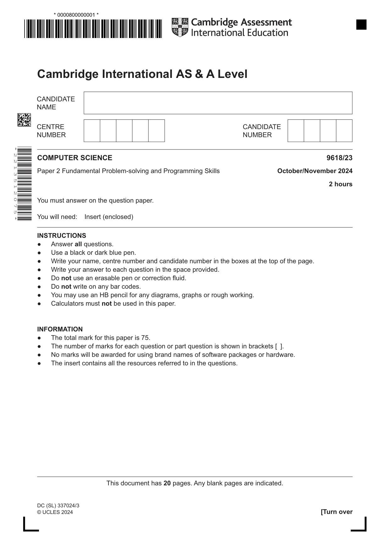 Cambridge A Level Computer Science 9618 2024 Oct/Nov Paper 2 · Variant 3 question paper, page 1 of 20