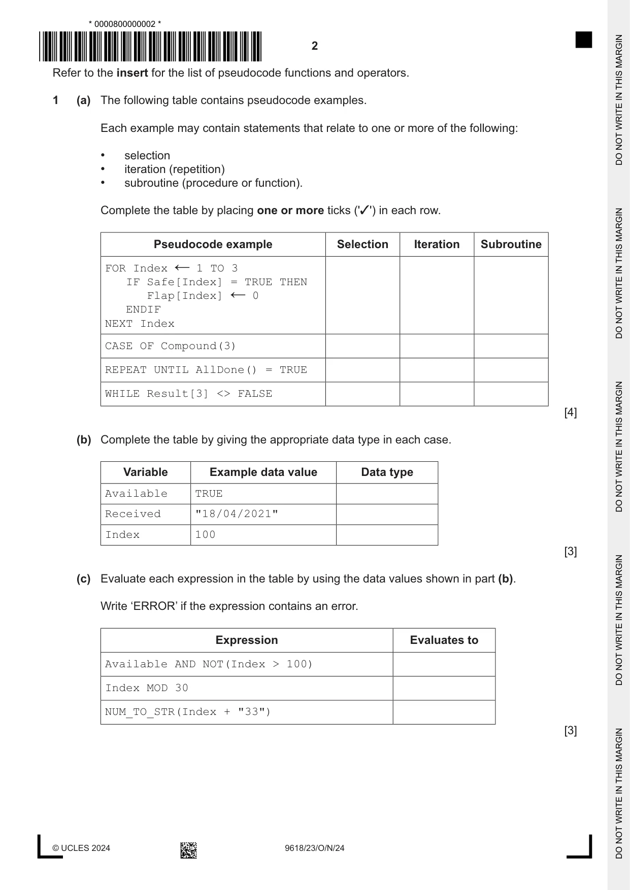 Cambridge A Level Computer Science 9618 2024 Oct/Nov Paper 2 · Variant 3 question paper, page 2 of 20