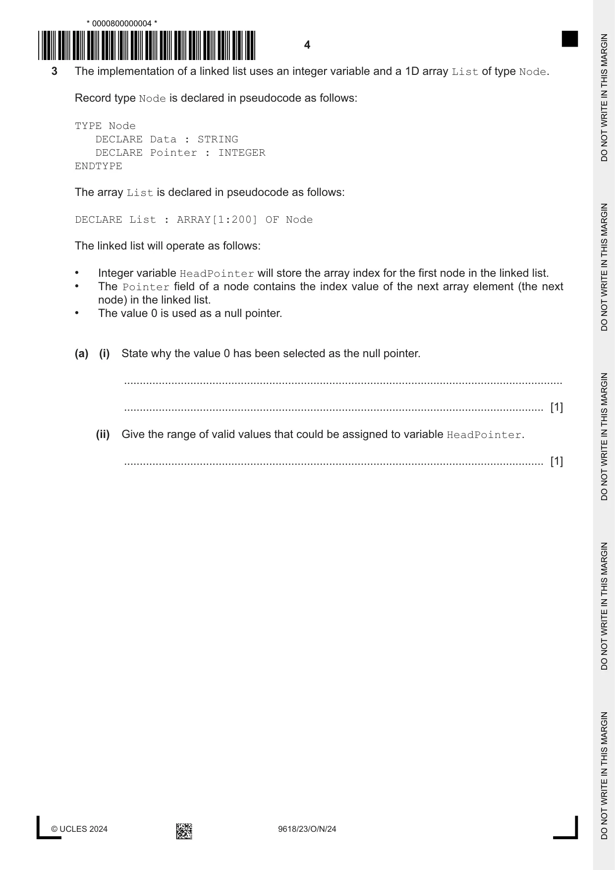 Cambridge A Level Computer Science 9618 2024 Oct/Nov Paper 2 · Variant 3 question paper, page 4 of 20