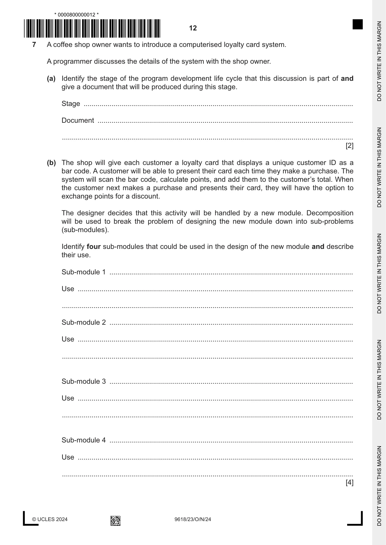 Cambridge A Level Computer Science 9618 2024 Oct/Nov Paper 2 · Variant 3 question paper, page 12 of 20