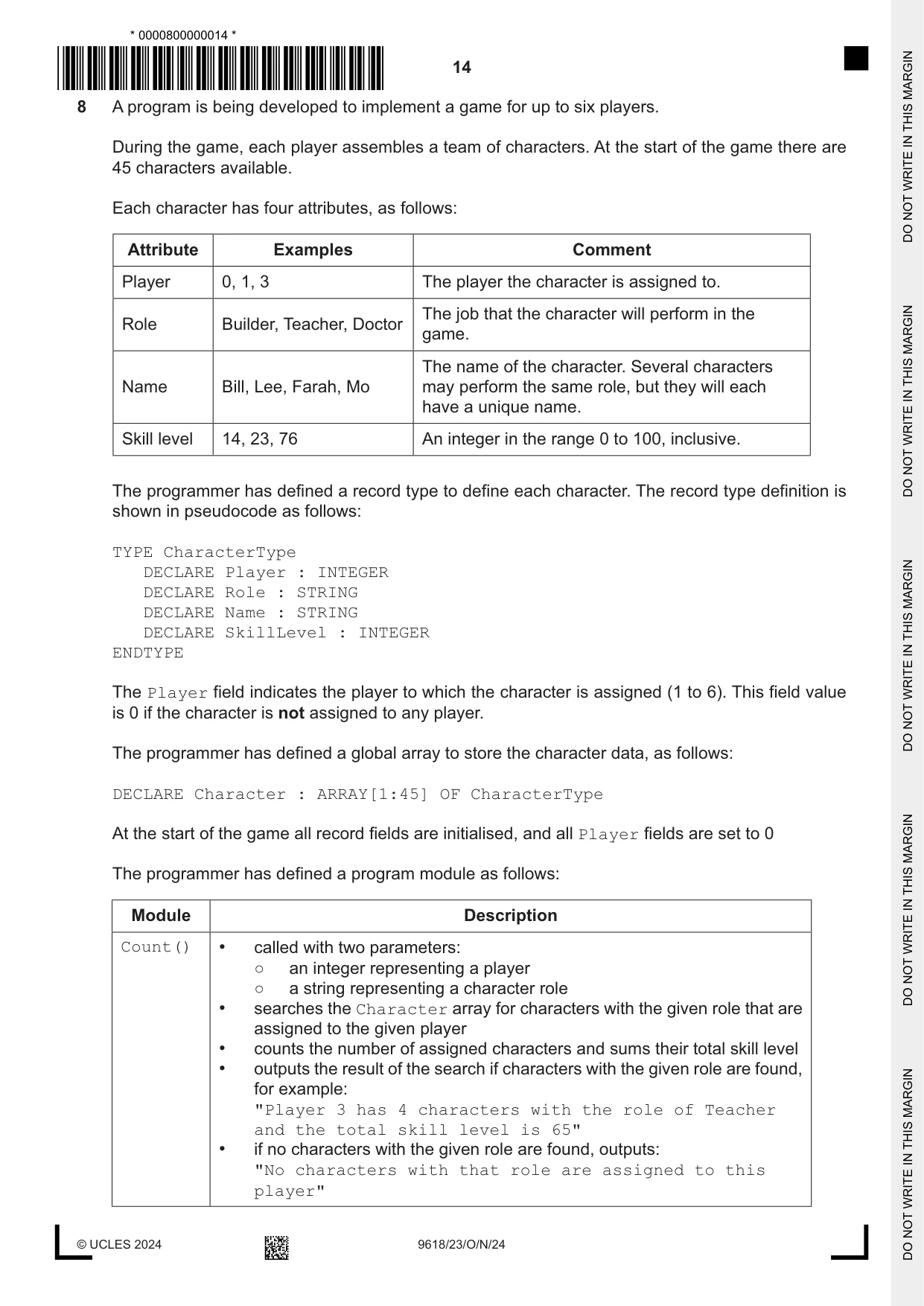Cambridge A Level Computer Science 9618 2024 Oct/Nov Paper 2 · Variant 3 question paper, page 14 of 20