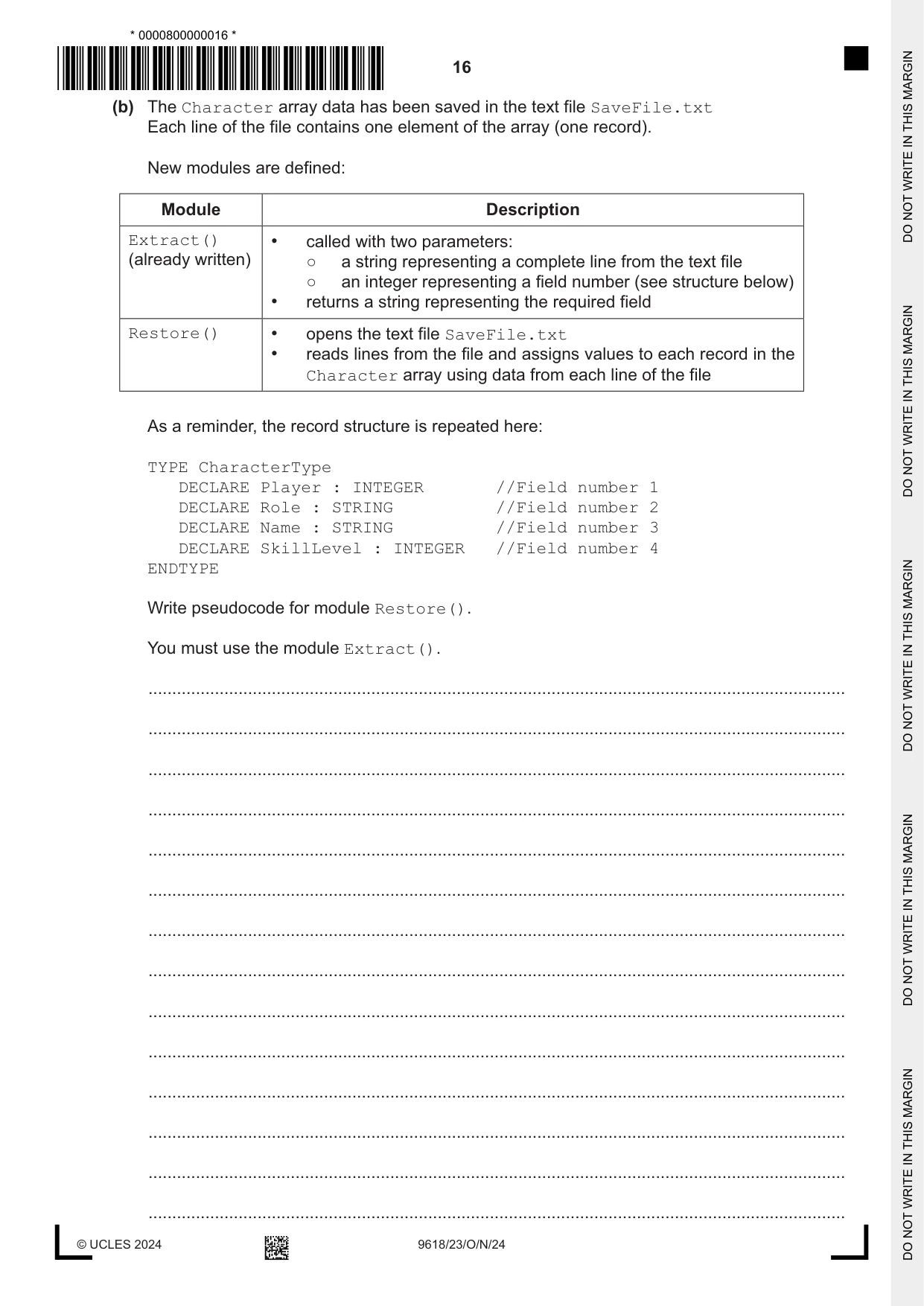 Cambridge A Level Computer Science 9618 2024 Oct/Nov Paper 2 · Variant 3 question paper, page 16 of 20