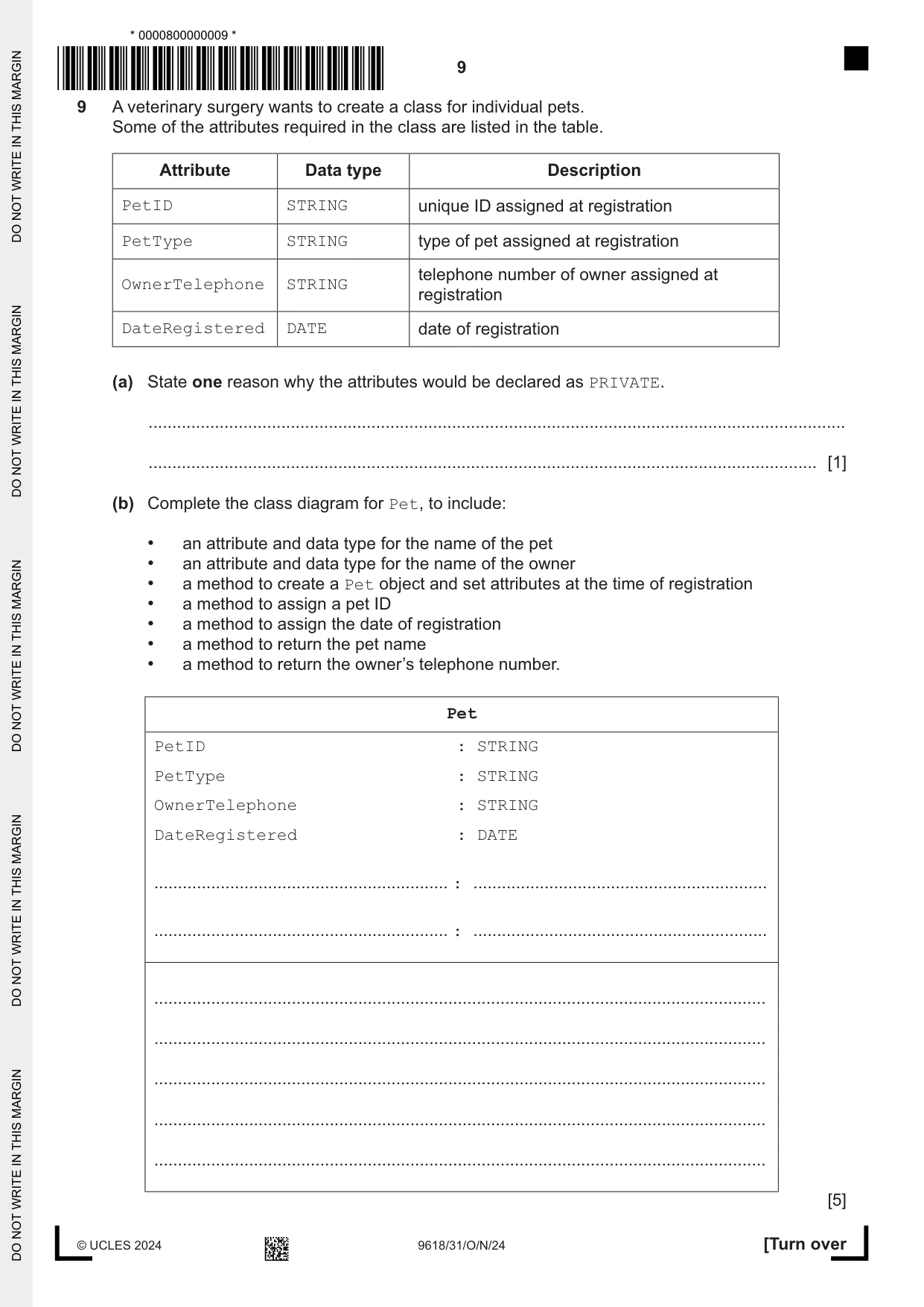 Cambridge A Level Computer Science 9618 2024 Oct/Nov Paper 3 · Variant 1 question paper, page 9 of 16